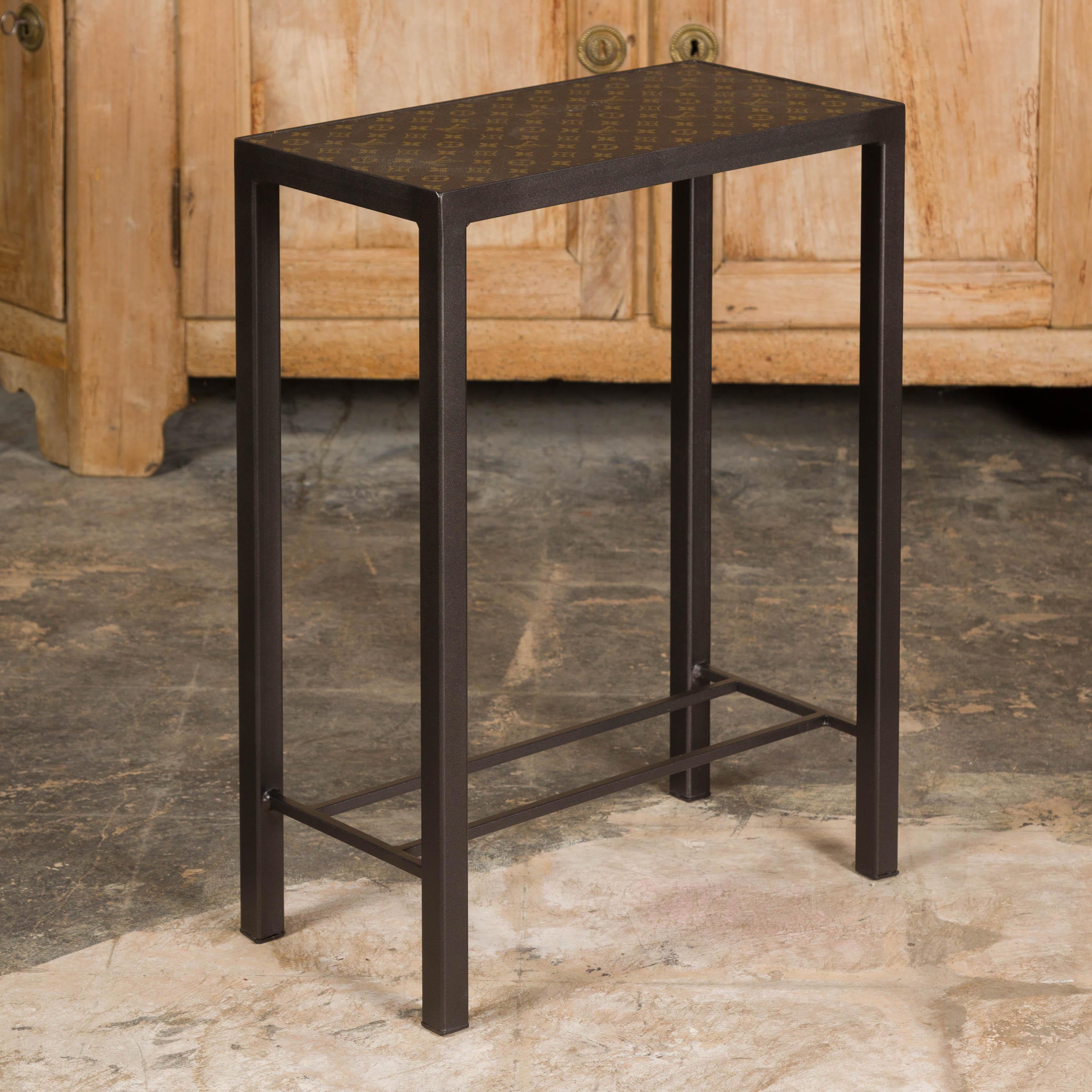 Narrow Side Table with Louis Vuitton Leather Top and Custom Metal Stand For Sale 3