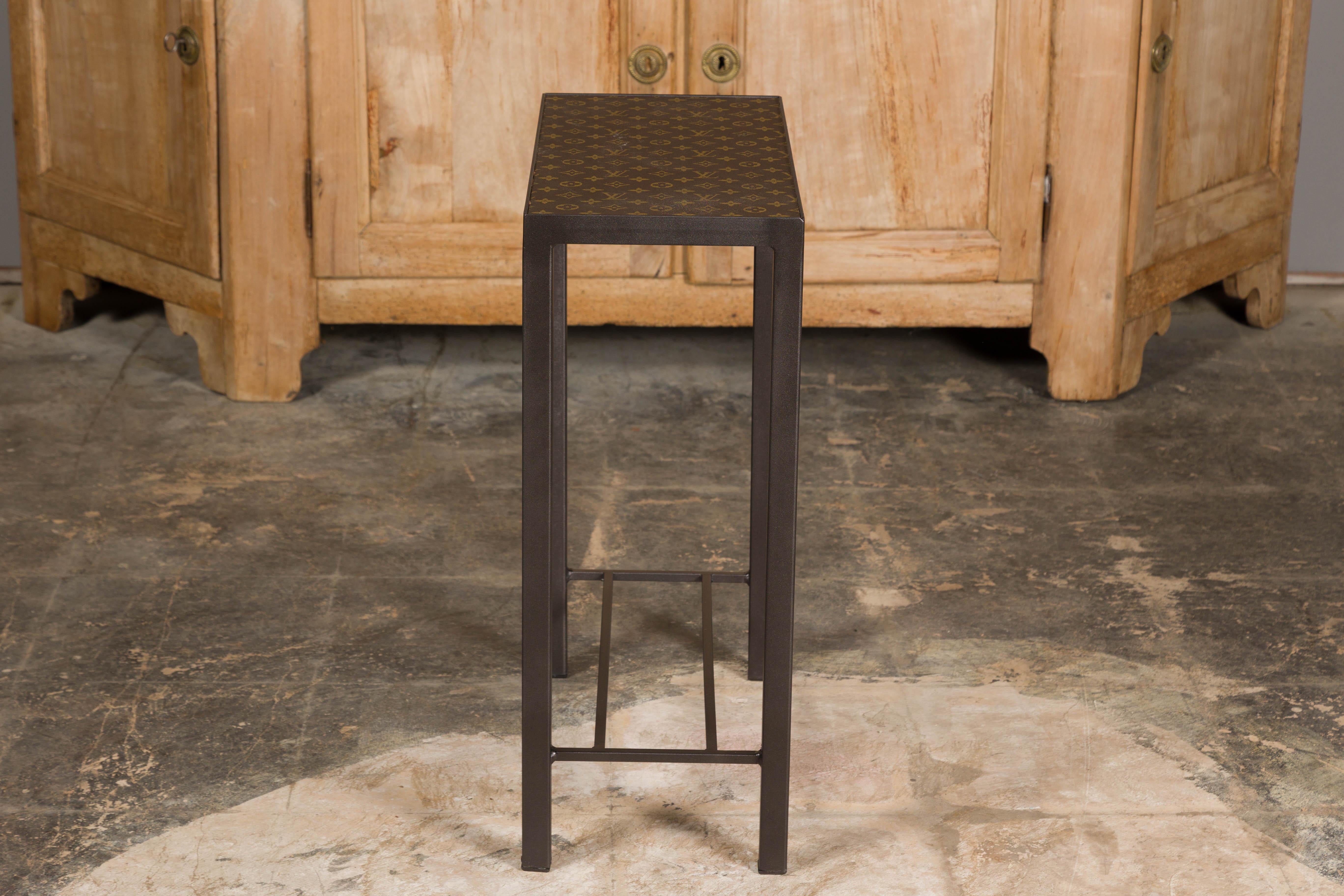 Narrow Side Table with Louis Vuitton Leather Top and Custom Metal Stand For Sale 4