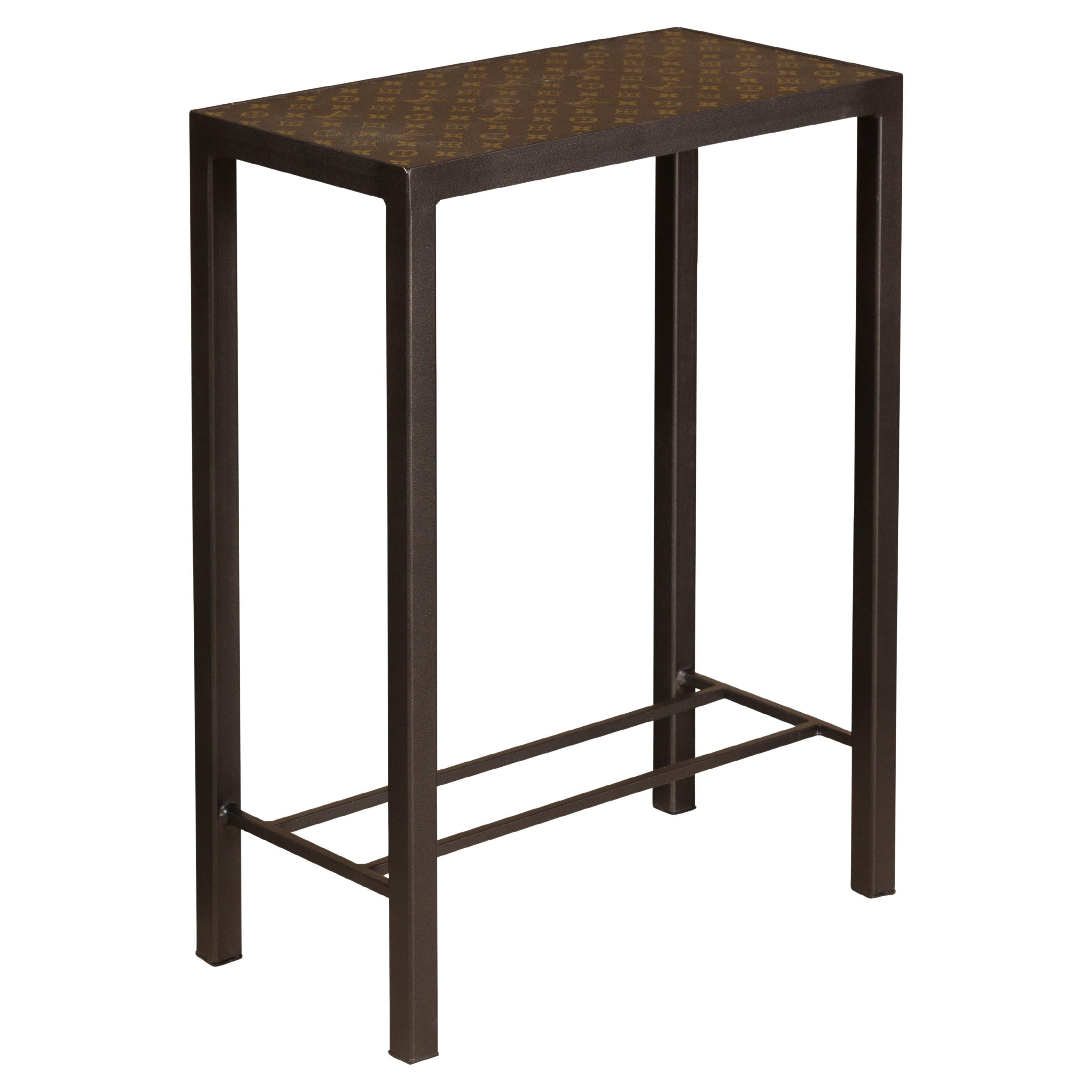 Narrow Side Table with Louis Vuitton Leather Top and Custom Metal Stand