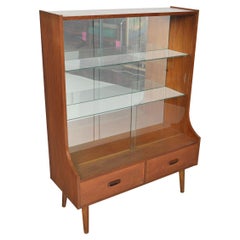 Retro Narrow Teak + Glass Mirror Backed Bookcase / Bar