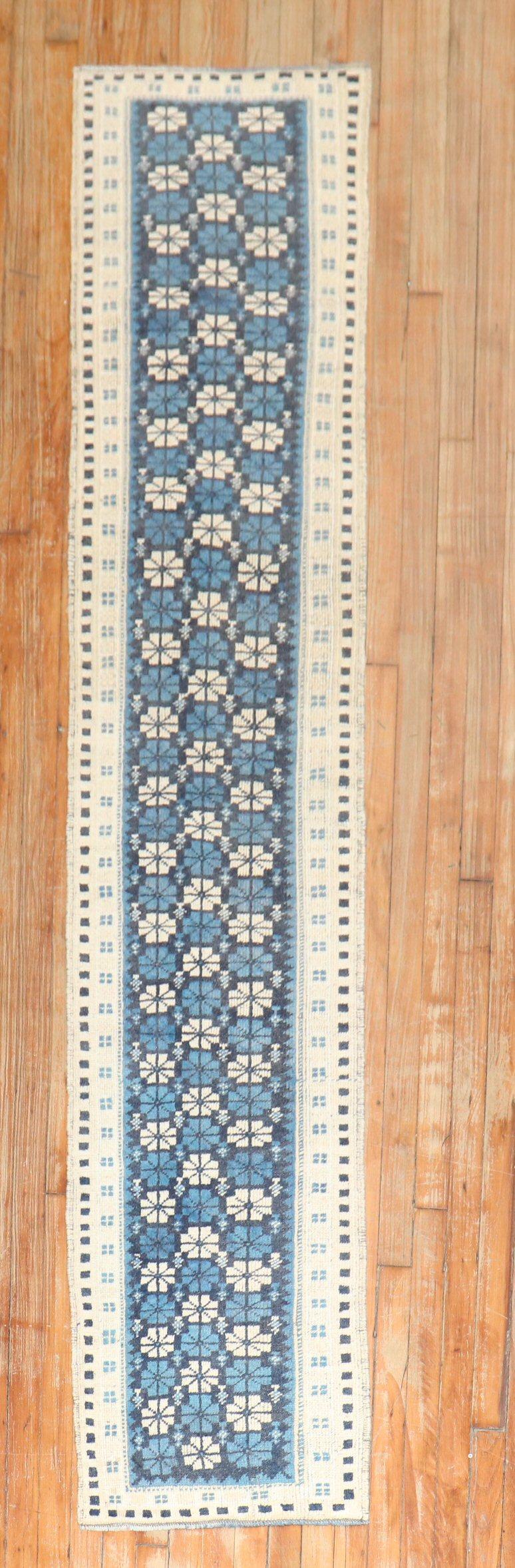 A mid-20th century geometric skinny Turkish runner in blue and white

Measures: 1'8'' x 8'1''.