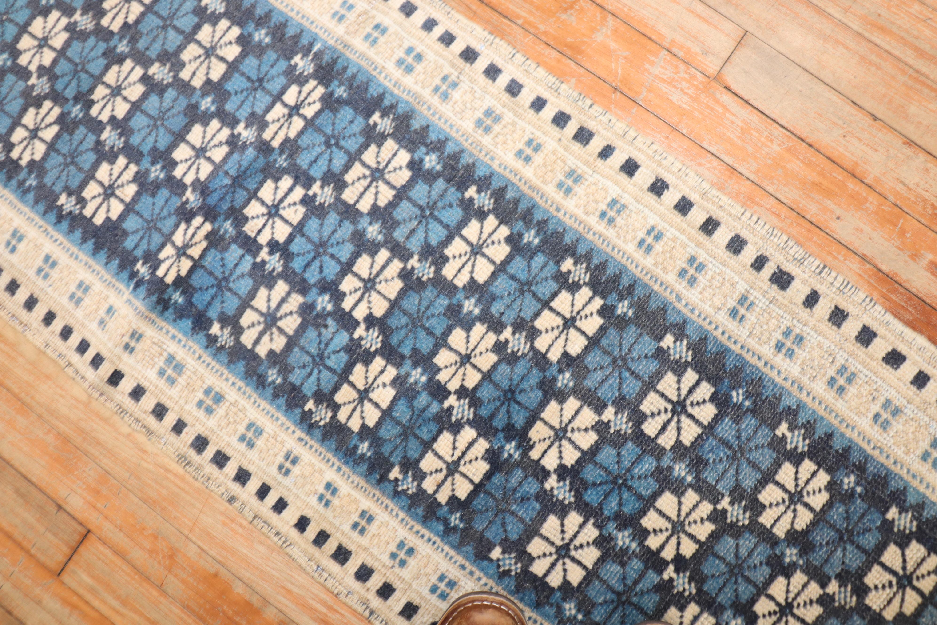 Hand-Knotted Narrow Vintage Blue White Turkish Runner For Sale