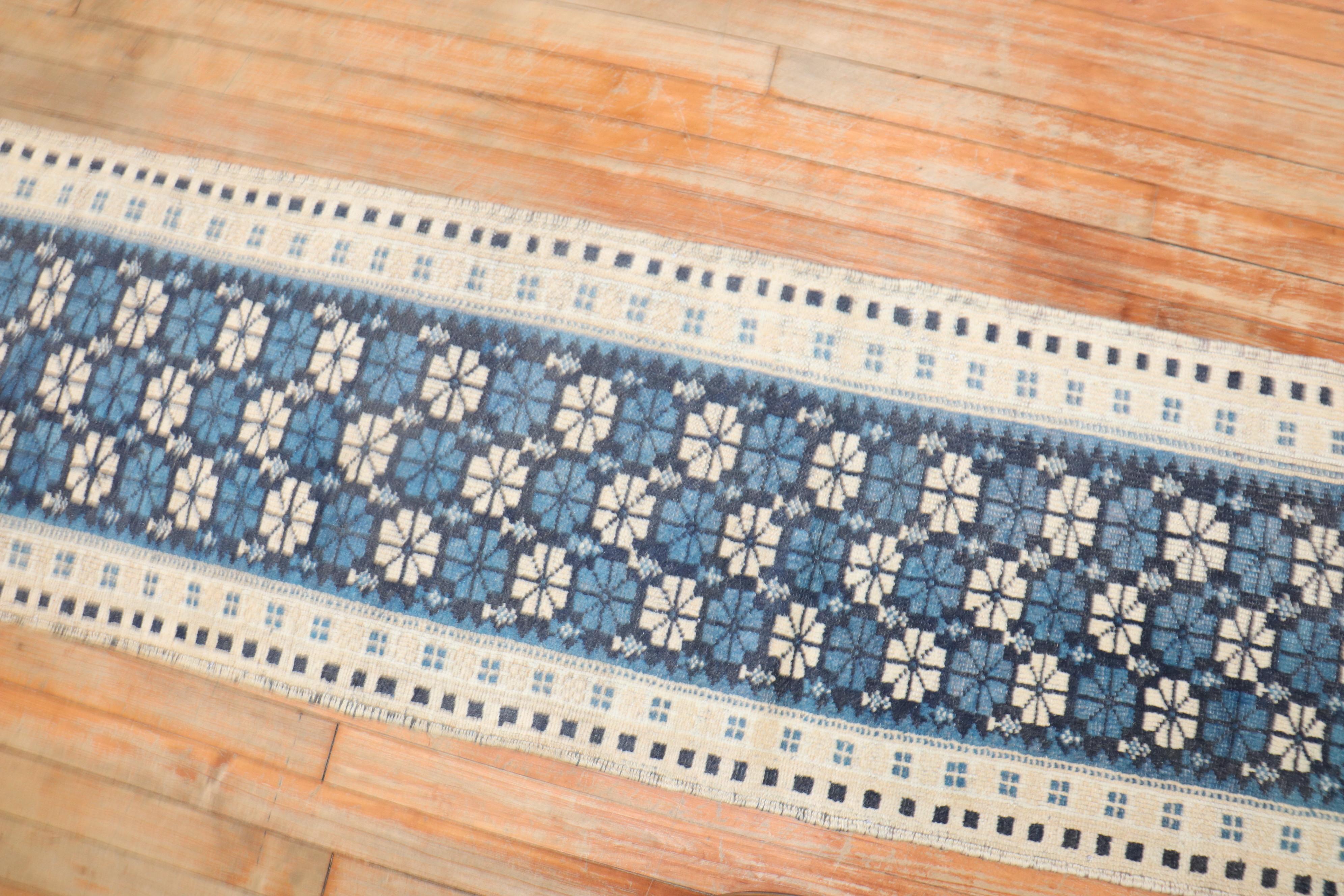 Narrow Vintage Blue White Turkish Runner In Good Condition For Sale In New York, NY