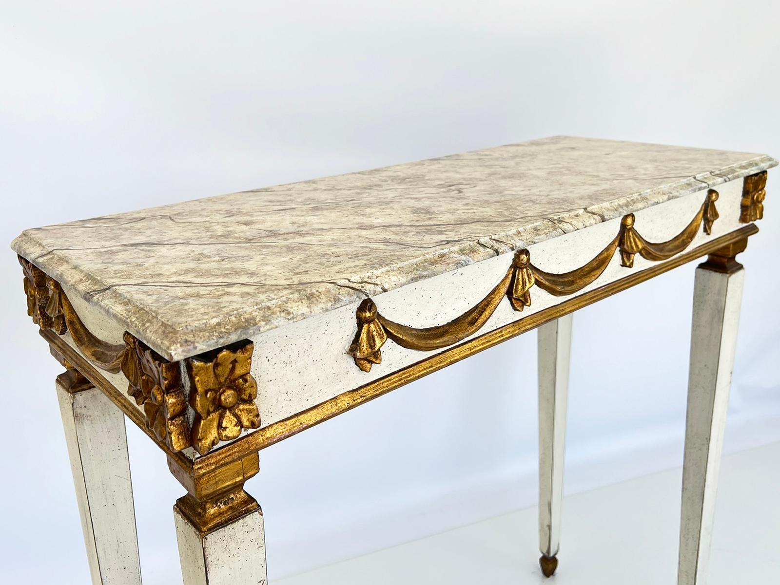 Narrow Vintage Italian Painted and Parcel Gilt Console with Faux Marble Top For Sale 4
