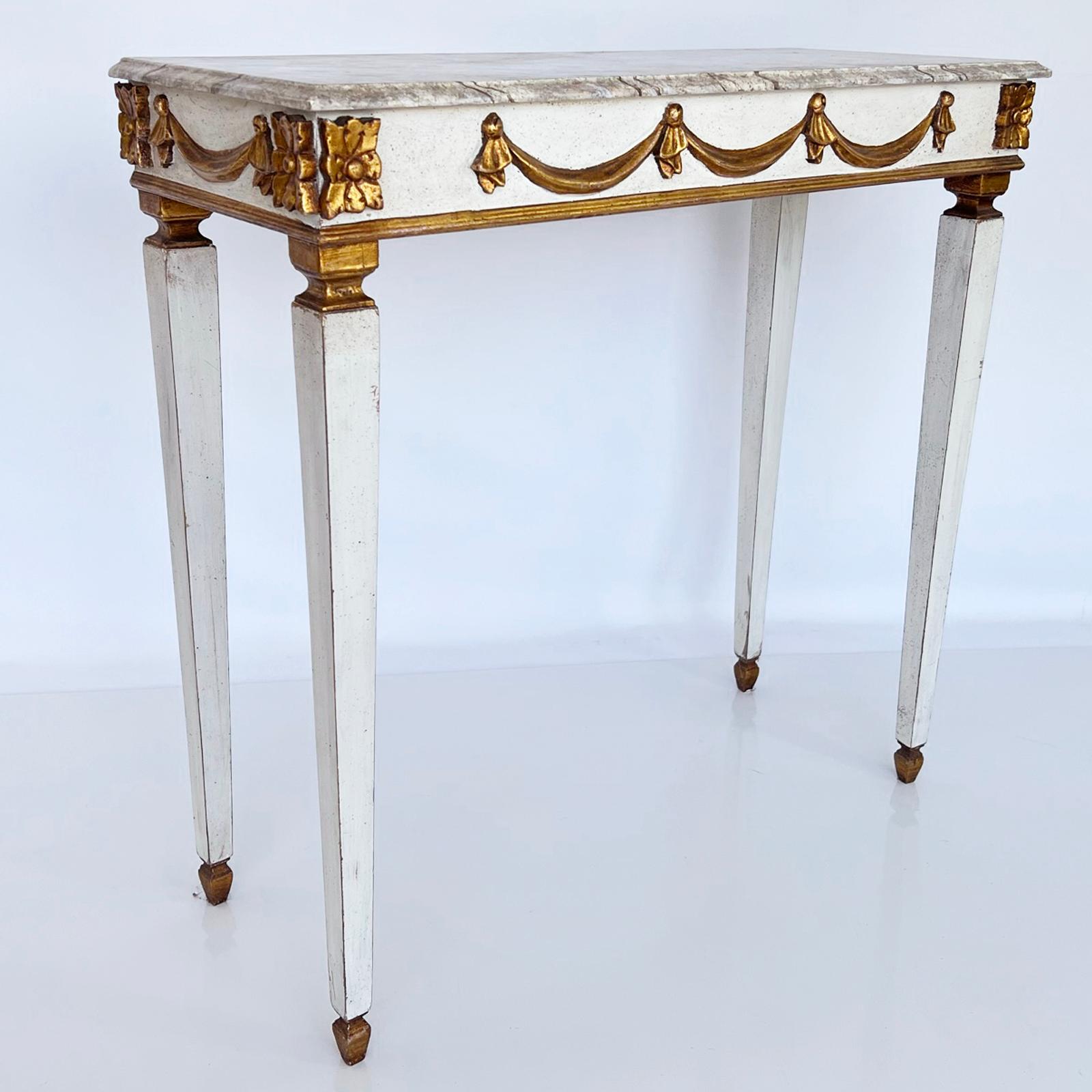 Neoclassical Narrow Vintage Italian Painted and Parcel Gilt Console with Faux Marble Top For Sale