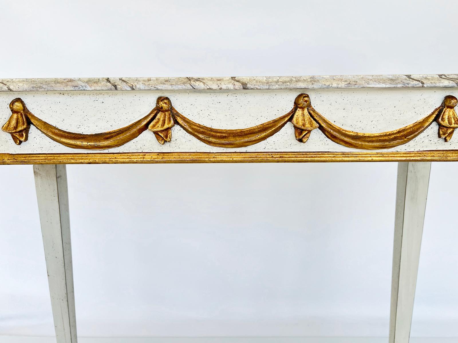 Narrow Vintage Italian Painted and Parcel Gilt Console with Faux Marble Top In Good Condition For Sale In West Palm Beach, FL