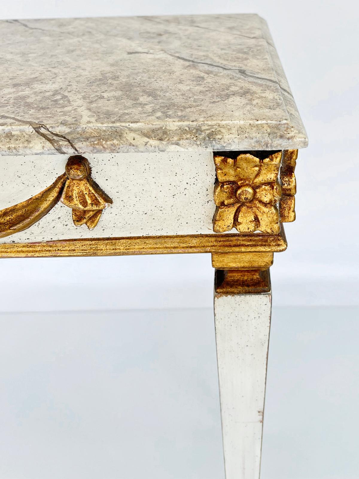 Mid-20th Century Narrow Vintage Italian Painted and Parcel Gilt Console with Faux Marble Top For Sale
