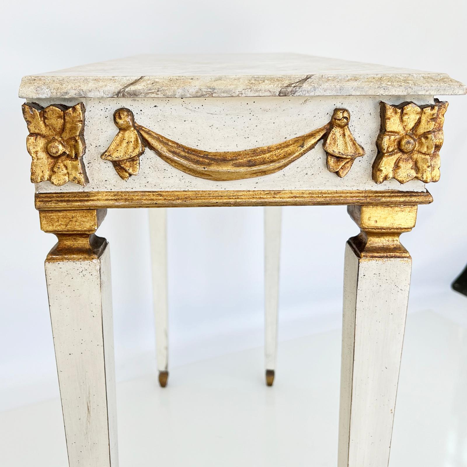 Wood Narrow Vintage Italian Painted and Parcel Gilt Console with Faux Marble Top For Sale