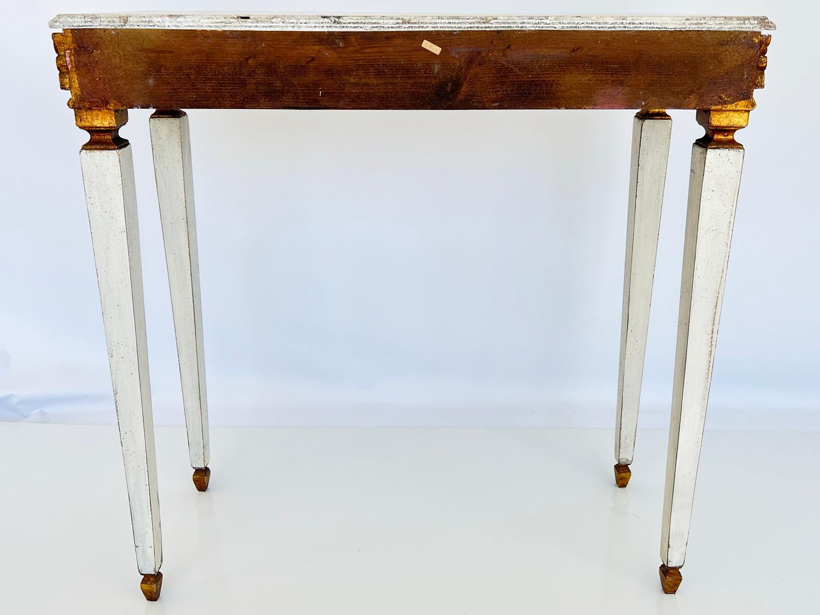 Narrow Vintage Italian Painted and Parcel Gilt Console with Faux Marble Top For Sale 2