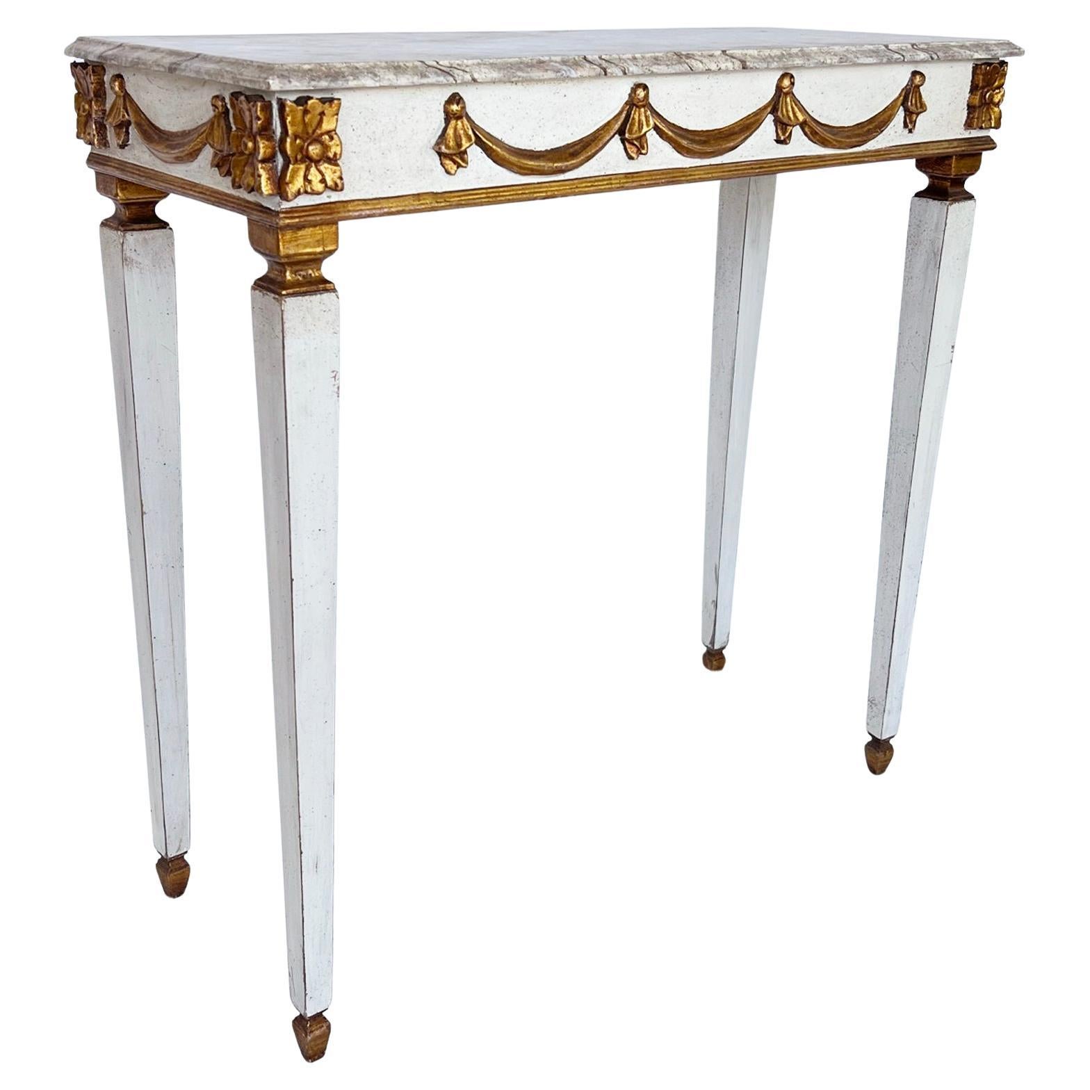 Narrow Vintage Italian Painted and Parcel Gilt Console with Faux Marble Top For Sale