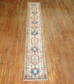Narrow Vintage Persian Heriz Runner Ivory Rust Pink Blue Tones