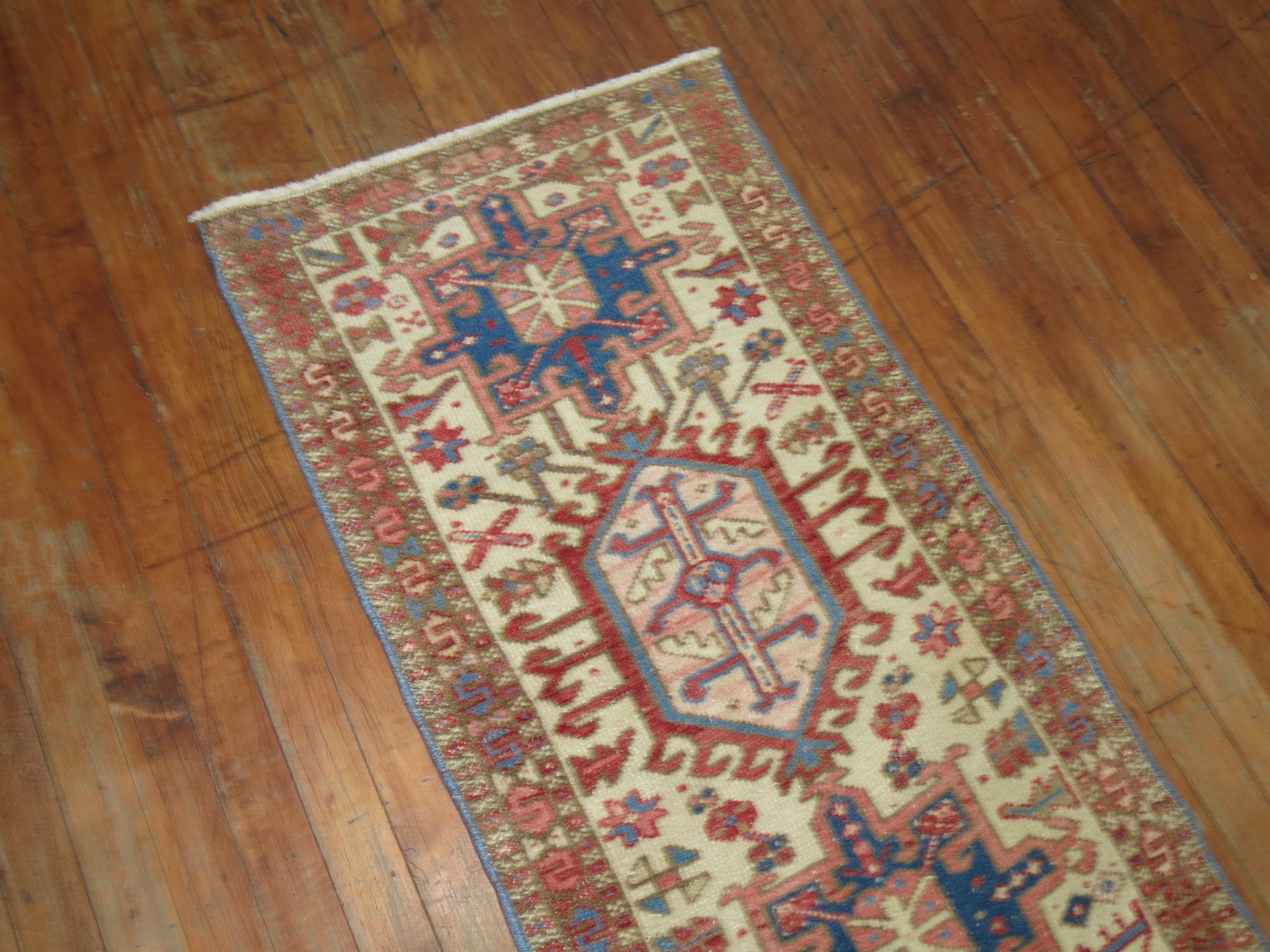 Narrow Vintage Persian Heriz Runner Ivory Rust Pink Blue Tones In Good Condition For Sale In New York, NY