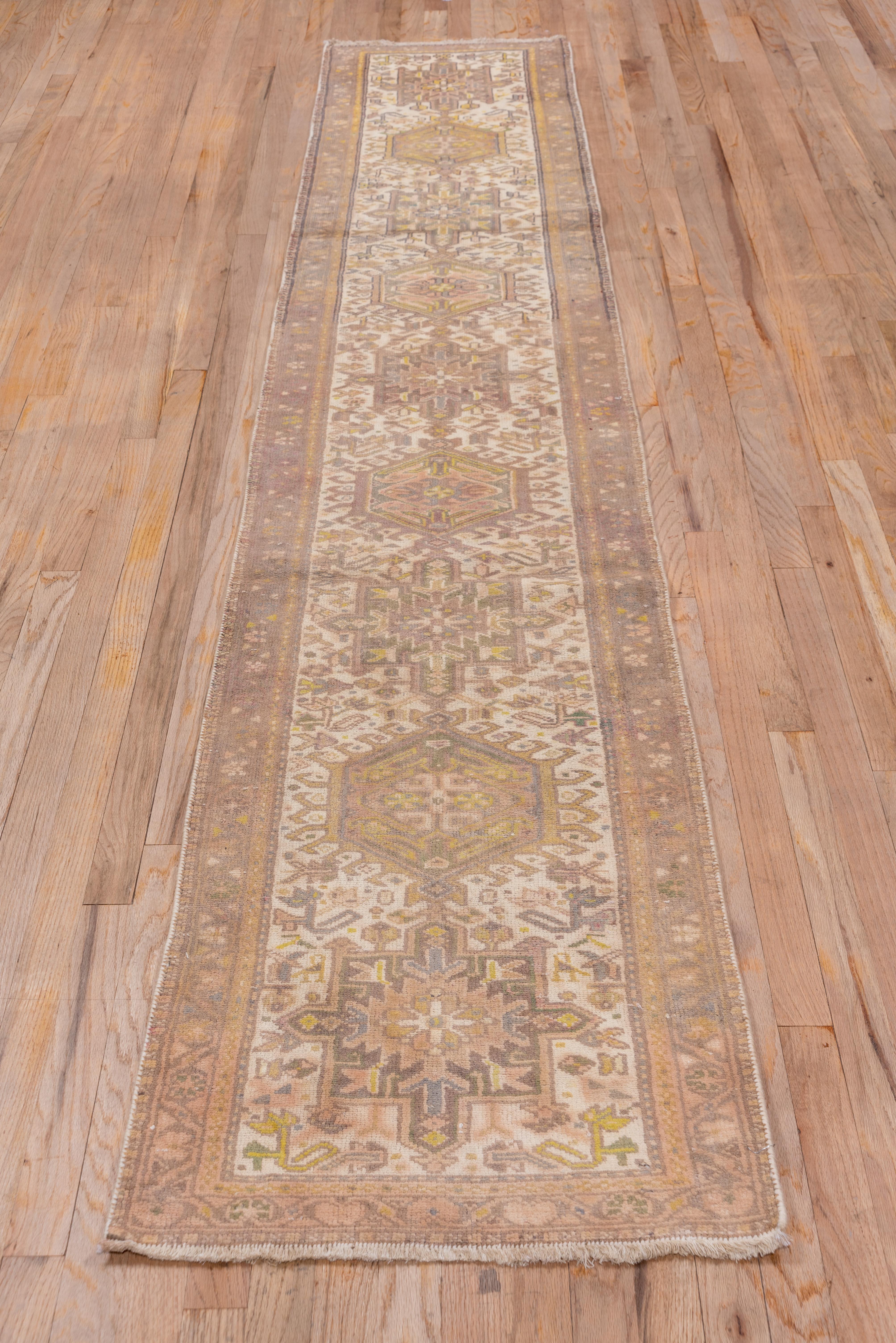 Hand-Knotted Narrow Vintage Persian Karaje Runner, Ivory Field, Mauve Borders For Sale