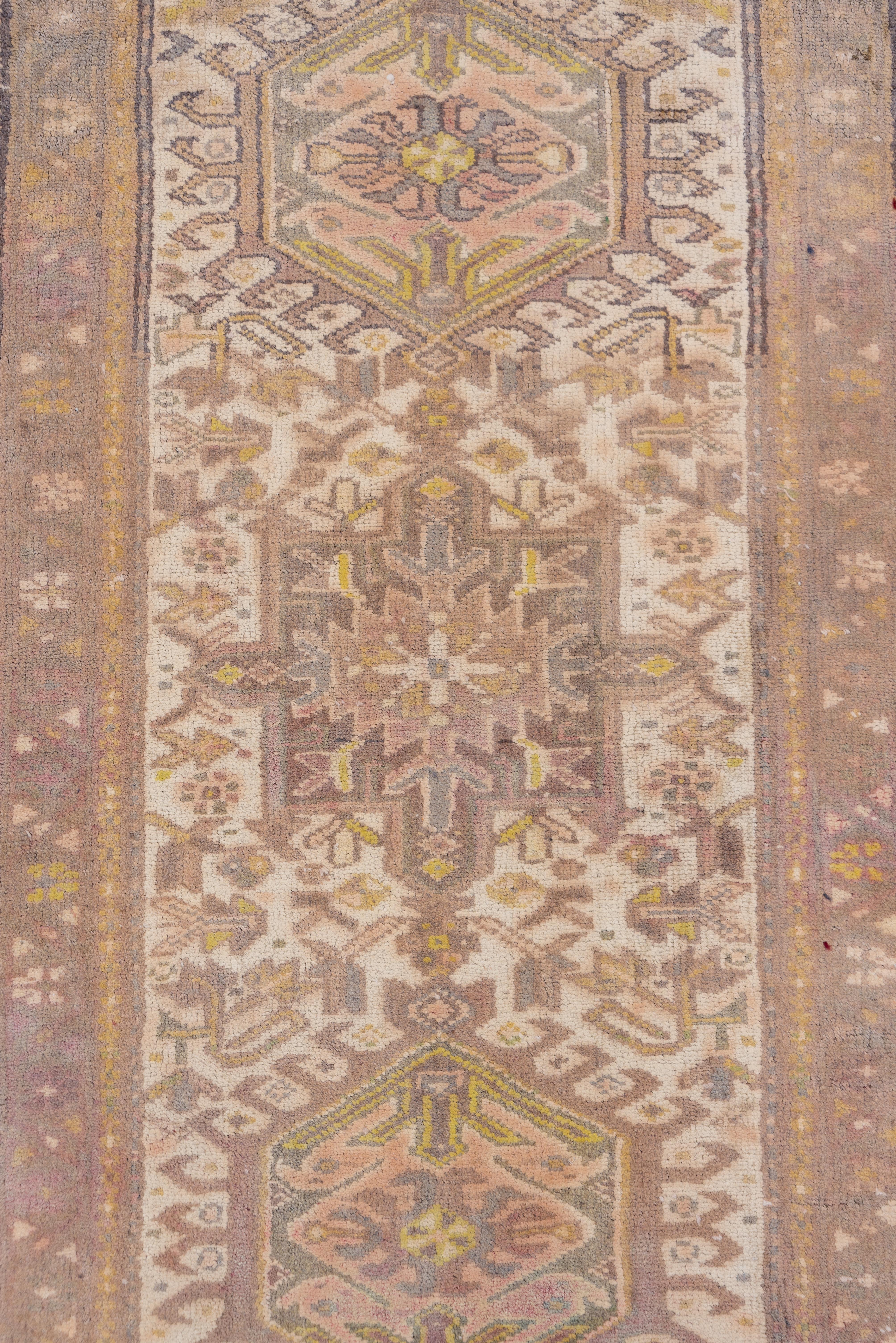 Narrow Vintage Persian Karaje Runner, Ivory Field, Mauve Borders In Good Condition For Sale In New York, NY