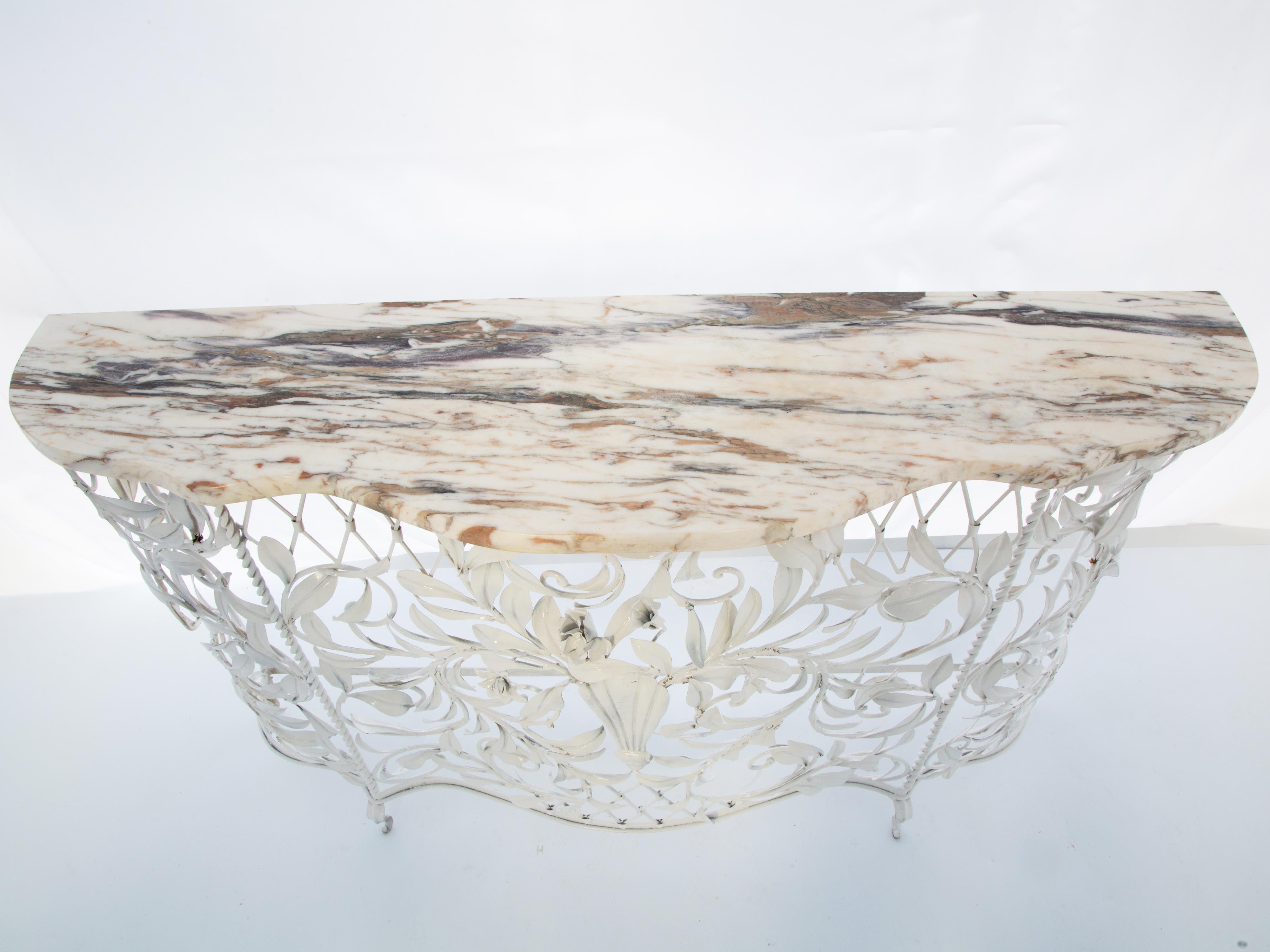 Enameled Narrow Vintage Scrolling Metalwork Console with Shaped Marble Top For Sale