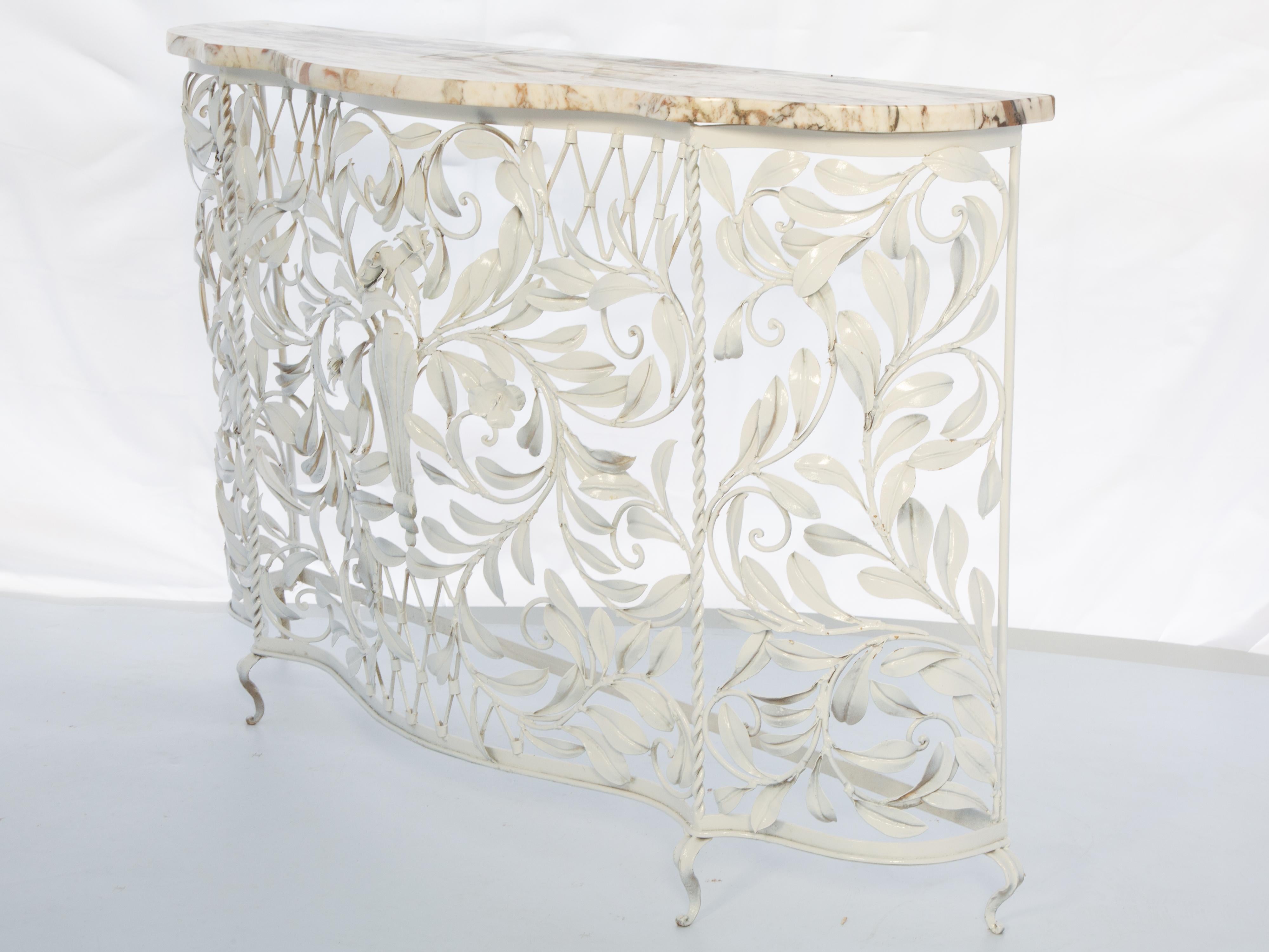 Narrow Vintage Scrolling Metalwork Console with Shaped Marble Top In Good Condition For Sale In West Palm Beach, FL