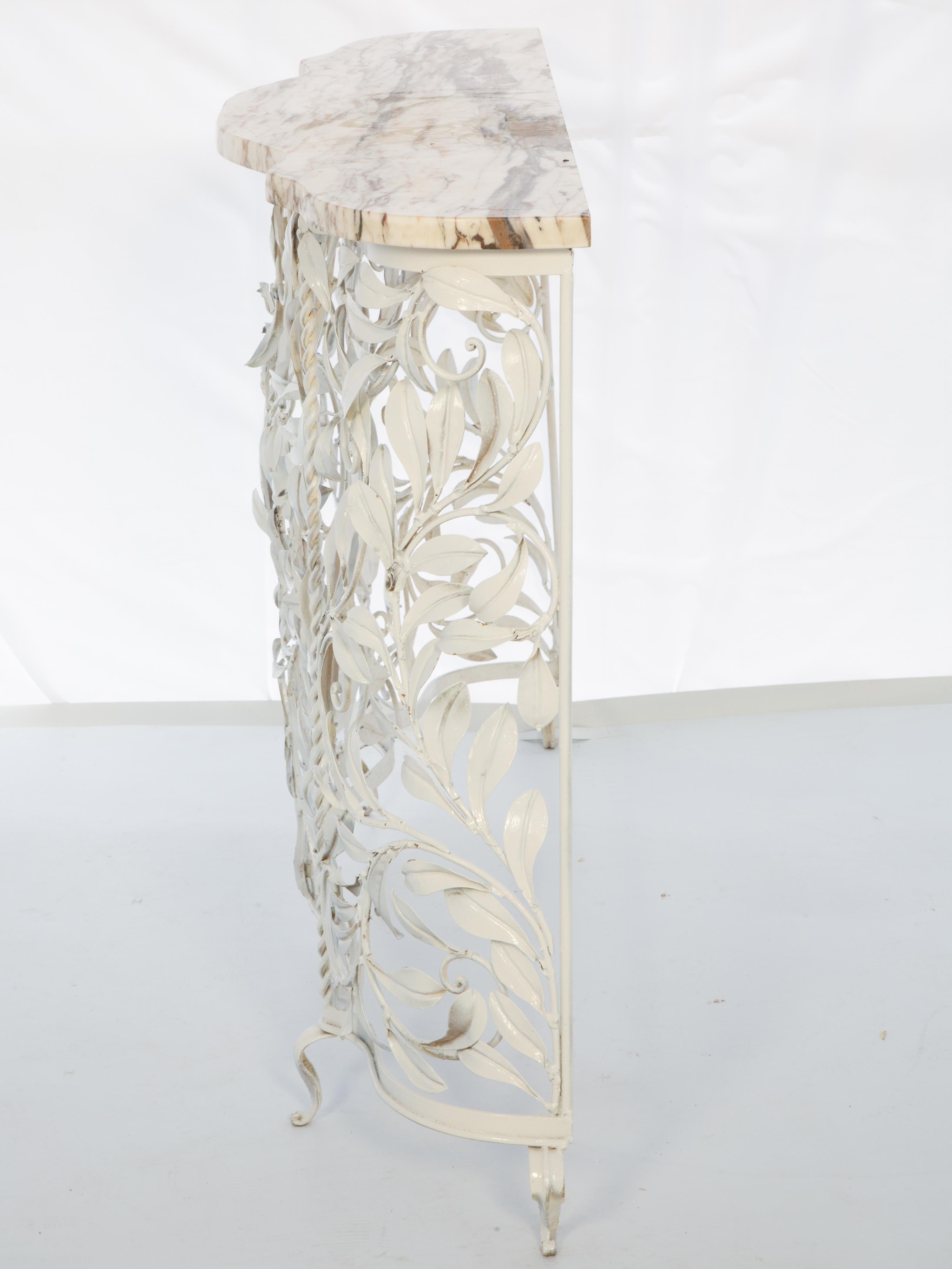 20th Century Narrow Vintage Scrolling Metalwork Console with Shaped Marble Top For Sale