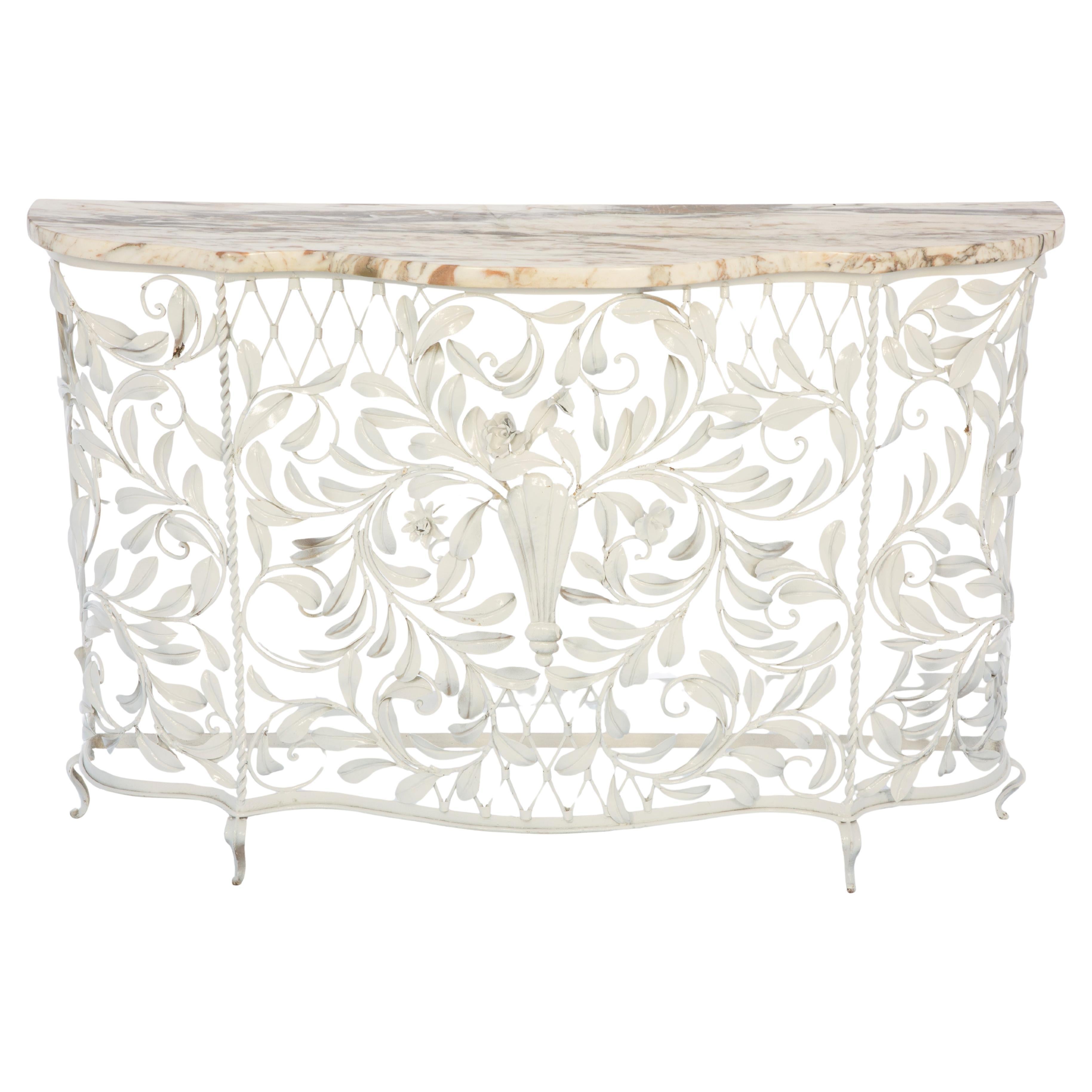 Narrow Vintage Scrolling Metalwork Console with Shaped Marble Top For Sale