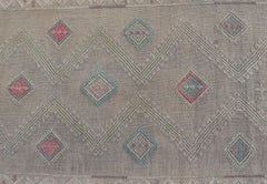 Narrow Vintage Turkish Kilim Runner with Beige, Blue and Soft Coral Motifs