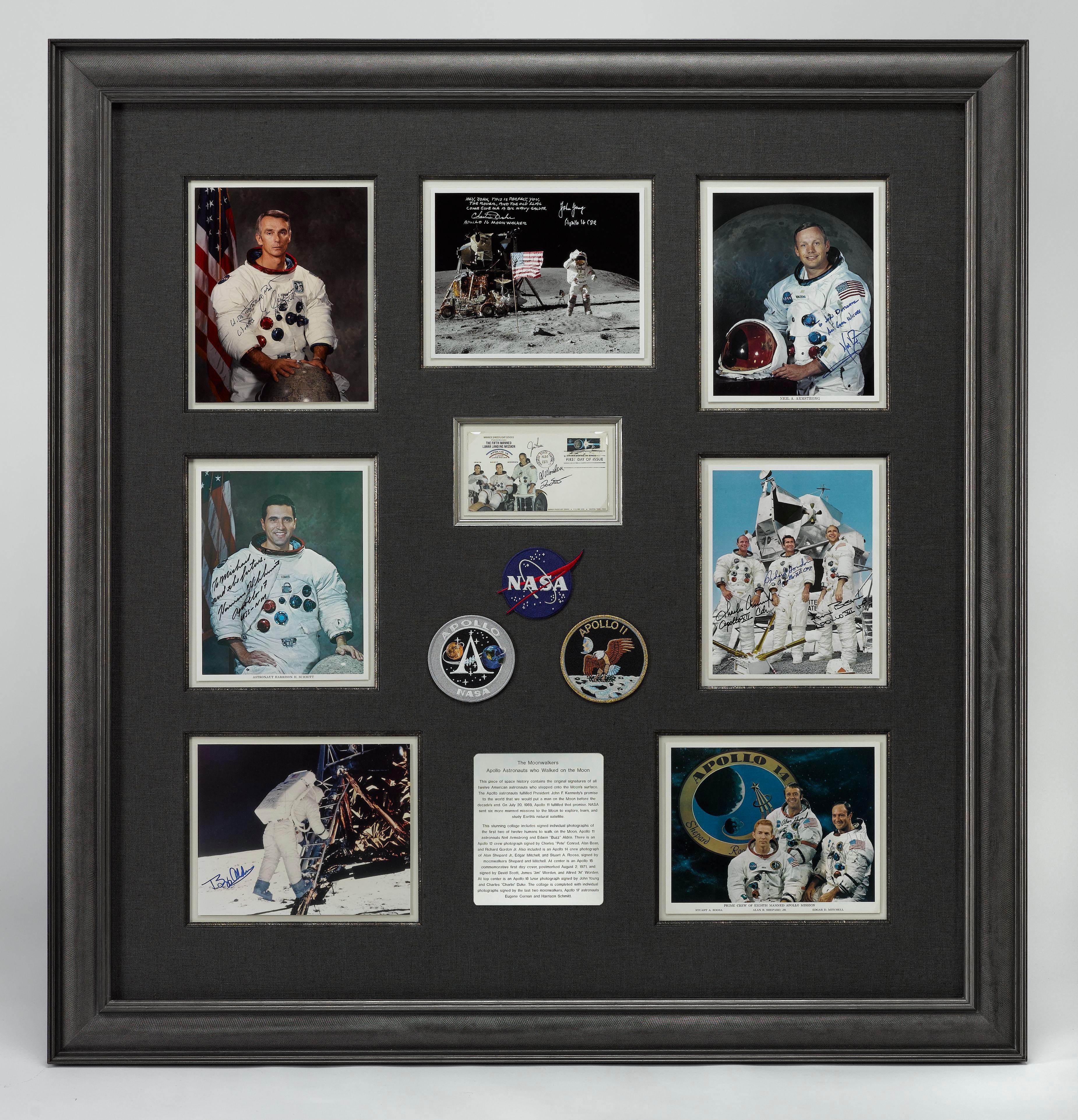 Presented is this stunning Moonwalkers Autographed Collage, celebrating the hard work, bravery, and courage of the 12 men who have walked on the Moon's surface.

The collage is made up of the following elements (listed from top left to bottom