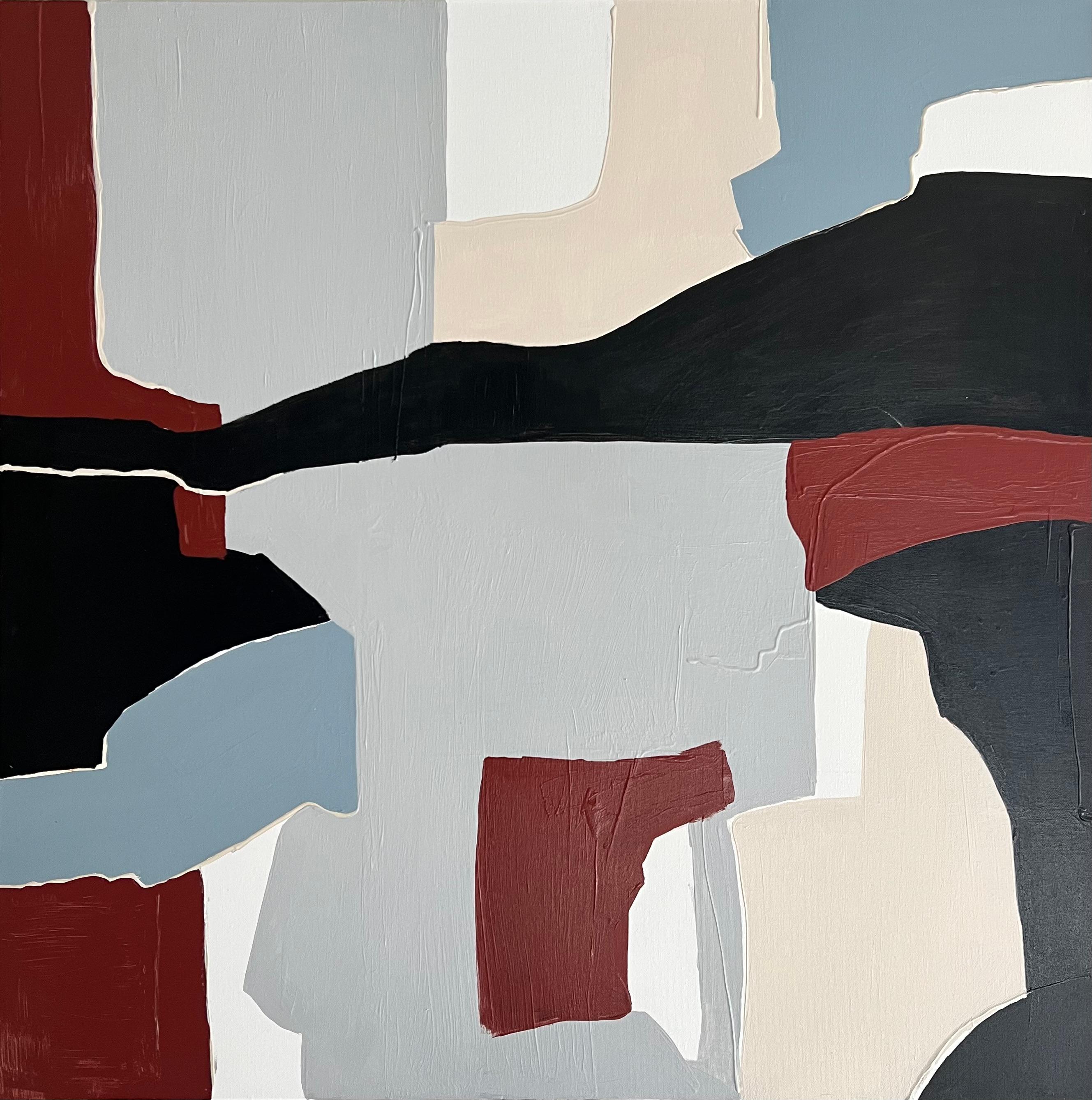 This 36" x 36" acrylic on canvas painting is by Iranian artist, Nasim Nekubakht. This abstract painting features a complex arrangement of interlocking geometric and organic shapes rendered in a restrained color palette. The composition is dominated