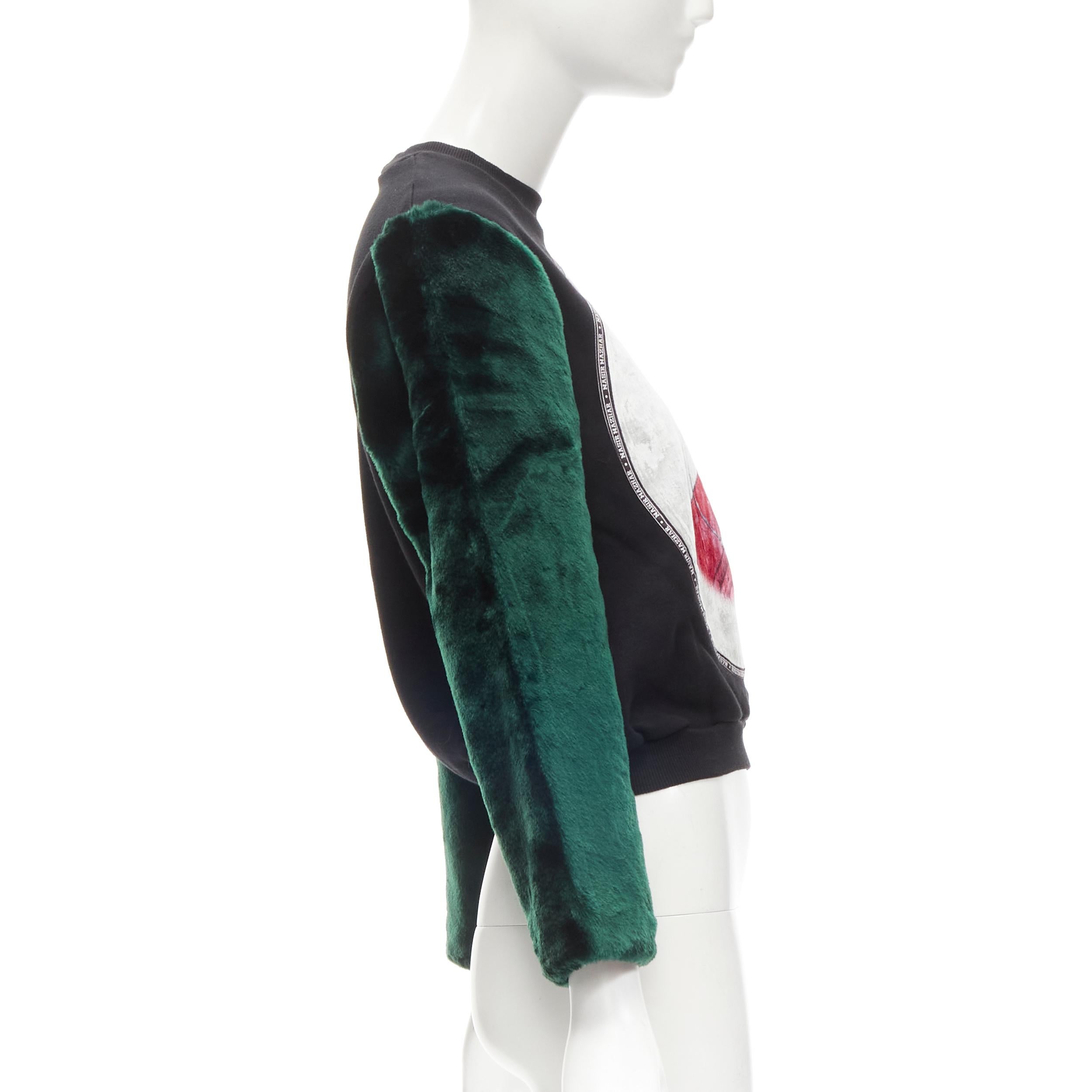 NASIR MAZHAR black velvet print green faux fur sleeve pullover sweatshirt S In Excellent Condition For Sale In Hong Kong, NT