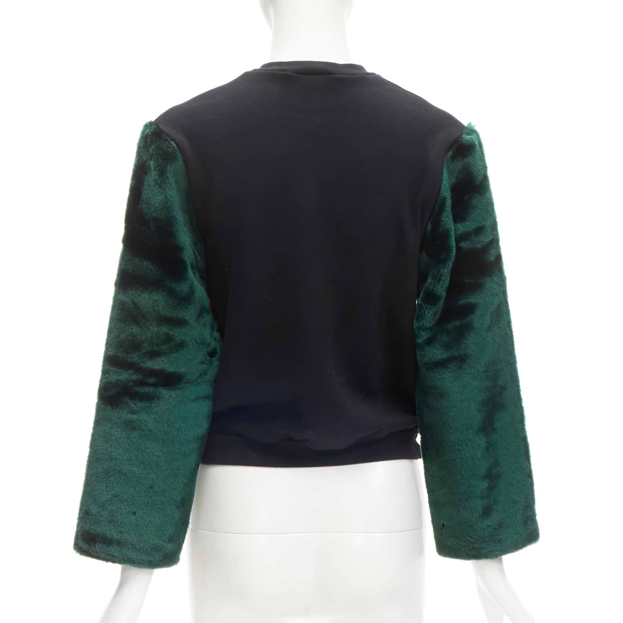 Women's NASIR MAZHAR black velvet print green faux fur sleeve pullover sweatshirt S For Sale