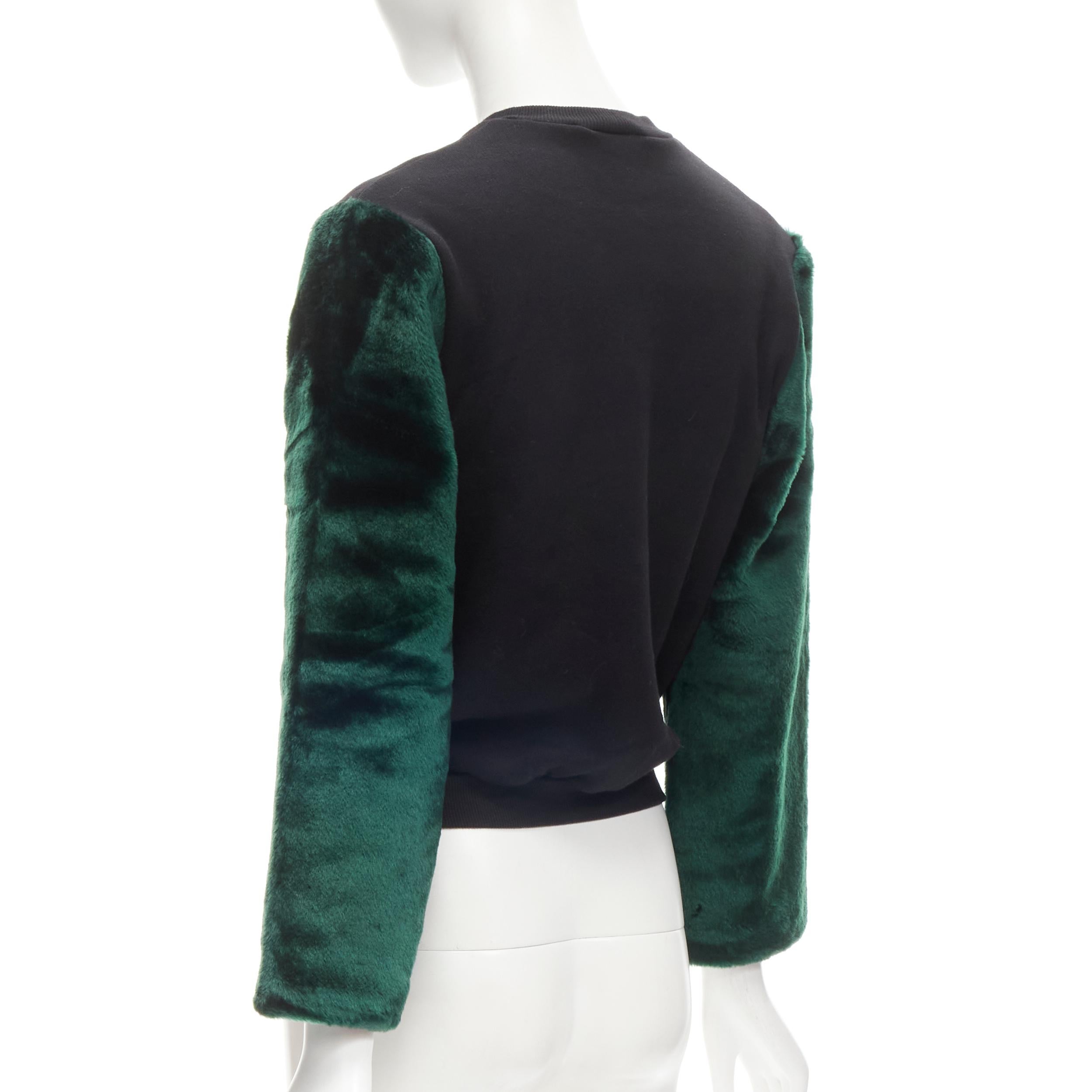 NASIR MAZHAR black velvet print green faux fur sleeve pullover sweatshirt S For Sale 1