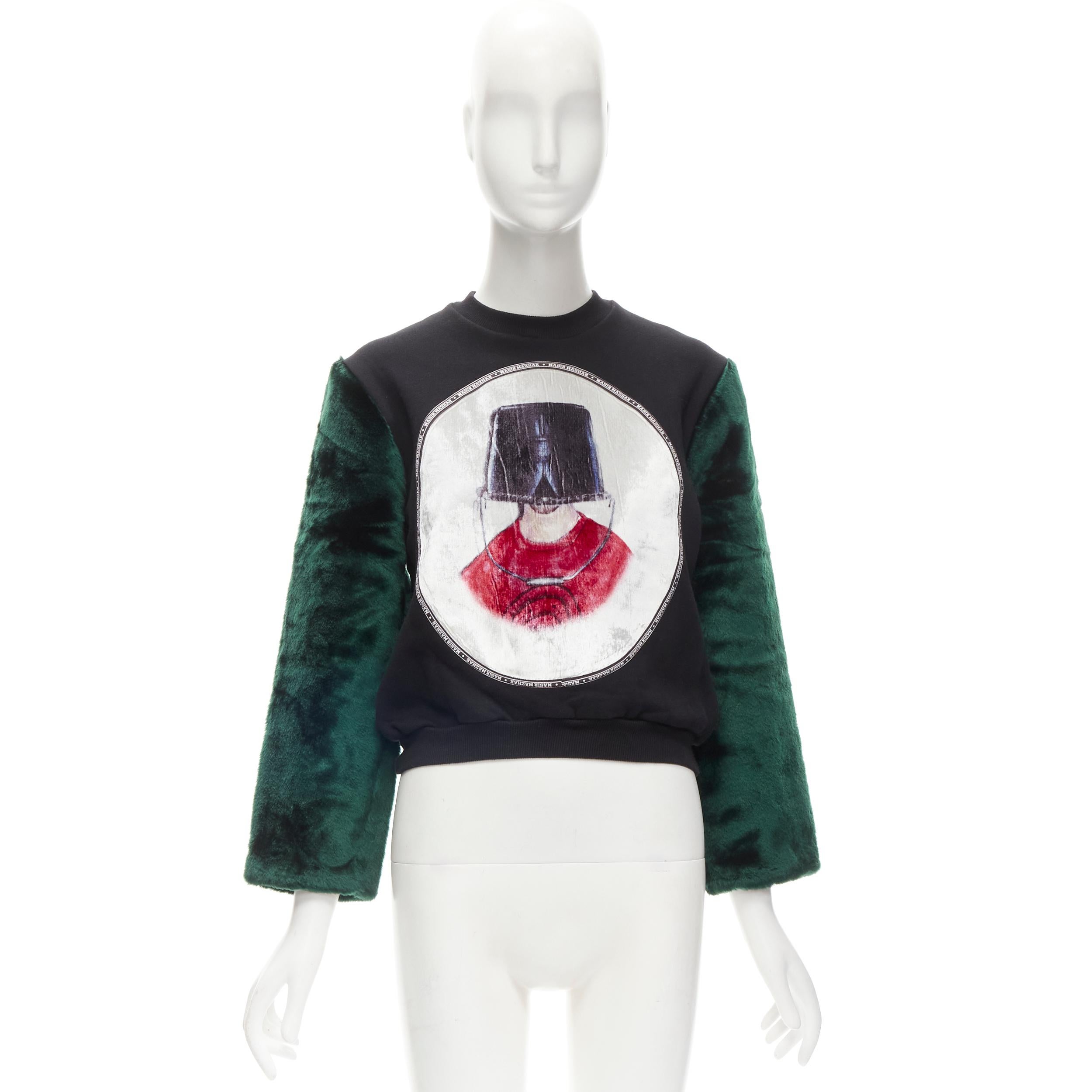 NASIR MAZHAR black velvet print green faux fur sleeve pullover sweatshirt S For Sale 4