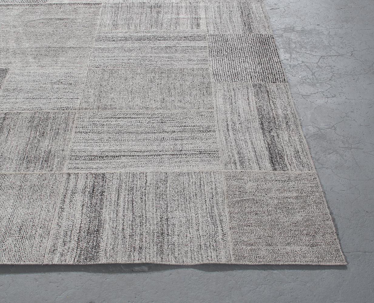 Mid-Century Modern Vintage Patchwork Handwoven Flatweave Grey Rug For Sale