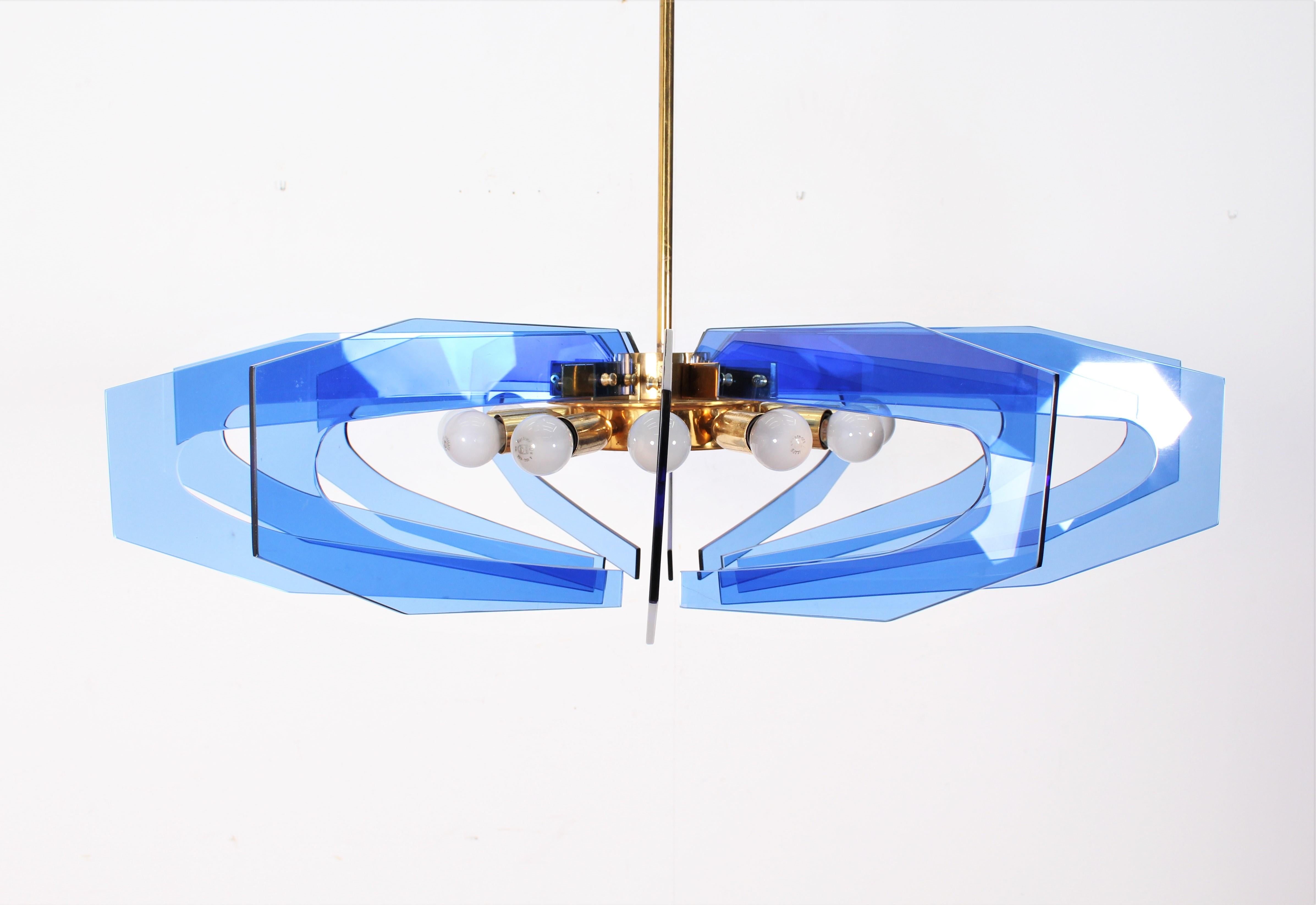 Gino Paroldo Brass and Blue Cut Crystal Chandelier, 1960s, Italy 6