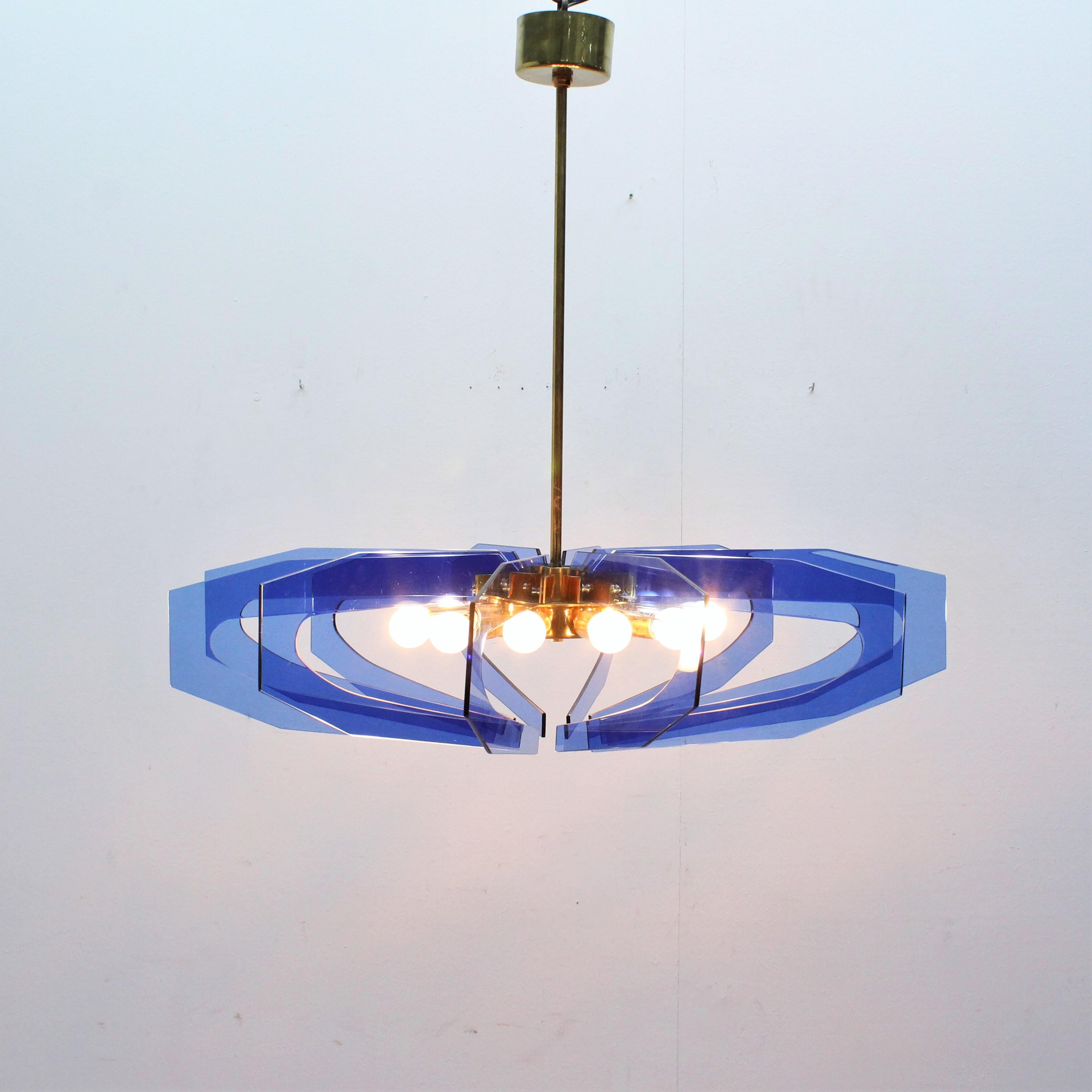 Gino Paroldo Brass and Blue Cut Crystal Chandelier, 1960s, Italy 7