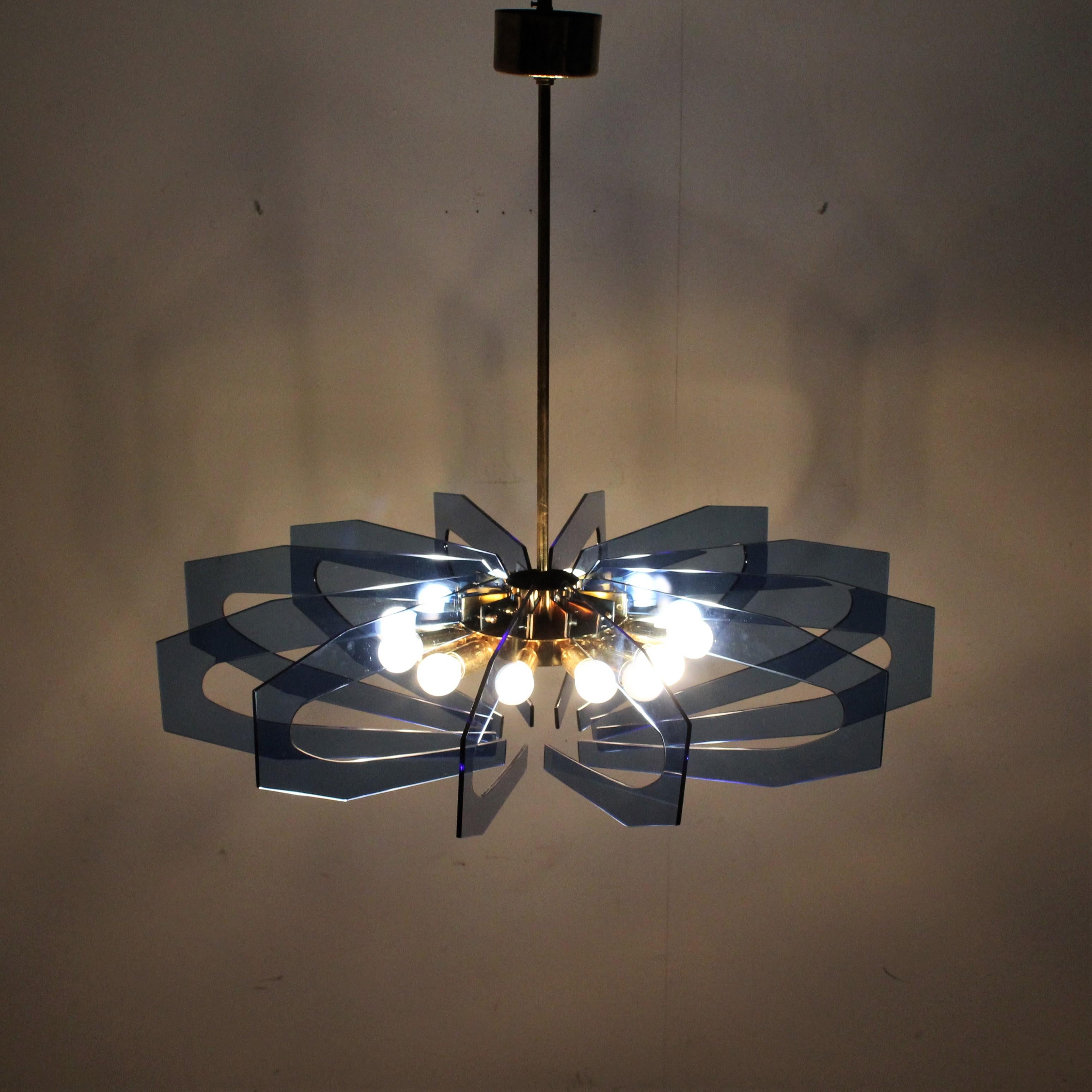 Gino Paroldo Brass and Blue Cut Crystal Chandelier, 1960s, Italy 10