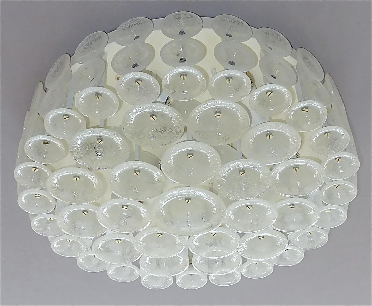 Sculptural Op Art Pop Art flush mount chandelier most probably made by Carlo Nason for Mazzega or Vistosi, Italy, 1960s. The amazing Midcentury light is made of hand-crafted Murano glass bowl discs in pulegoso glass technique in three different