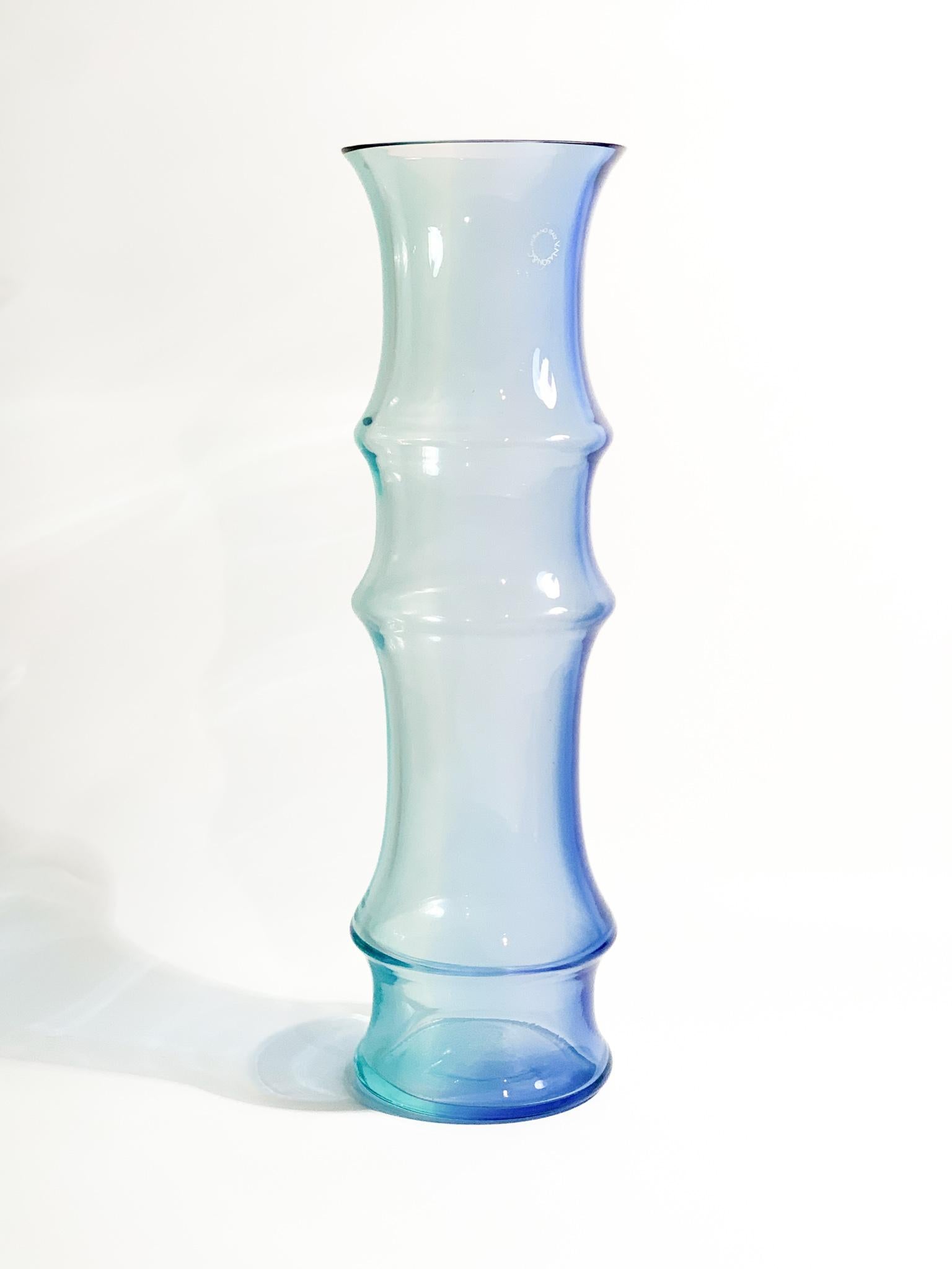 Mid-Century Modern Nason MuranoLight Blue and Blue Glass Vase Bamboo Model from the 1980s For Sale