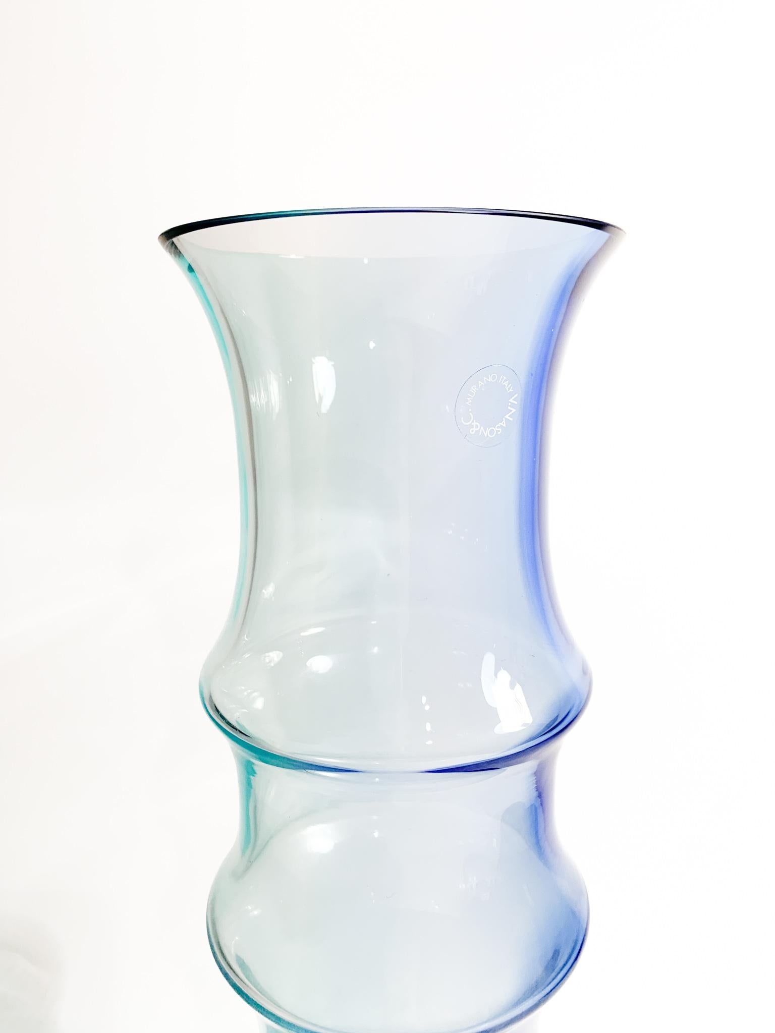 Italian Nason MuranoLight Blue and Blue Glass Vase Bamboo Model from the 1980s For Sale