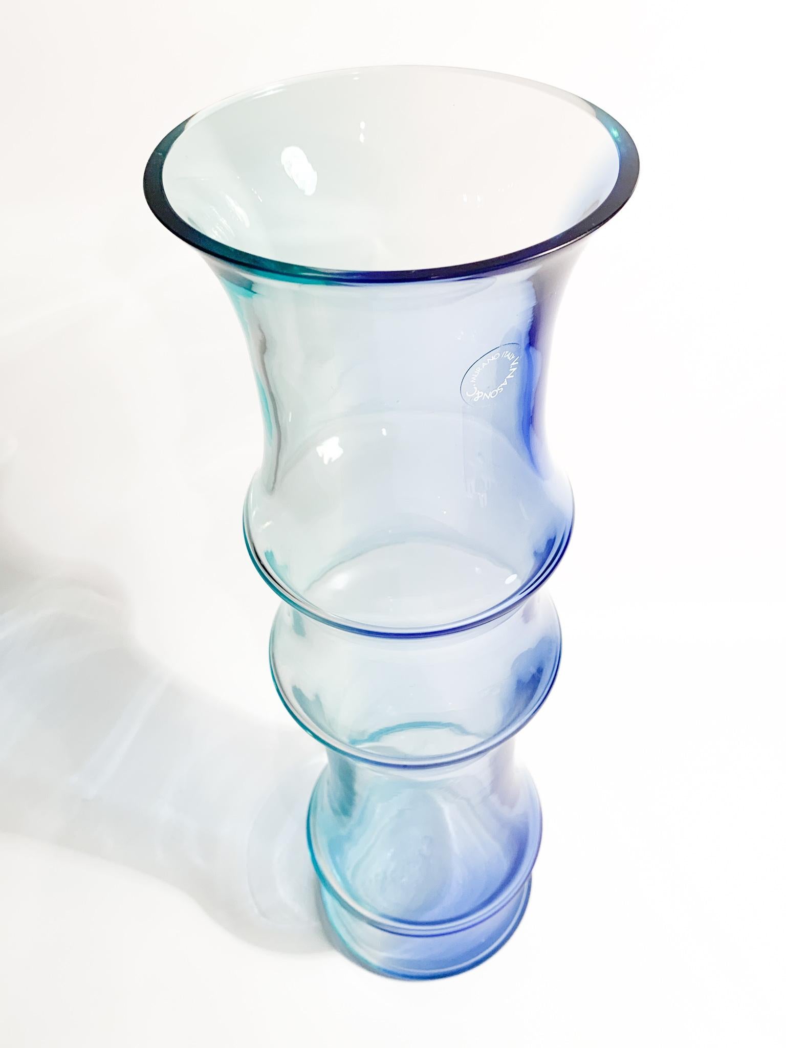 Murano Glass Nason MuranoLight Blue and Blue Glass Vase Bamboo Model from the 1980s For Sale