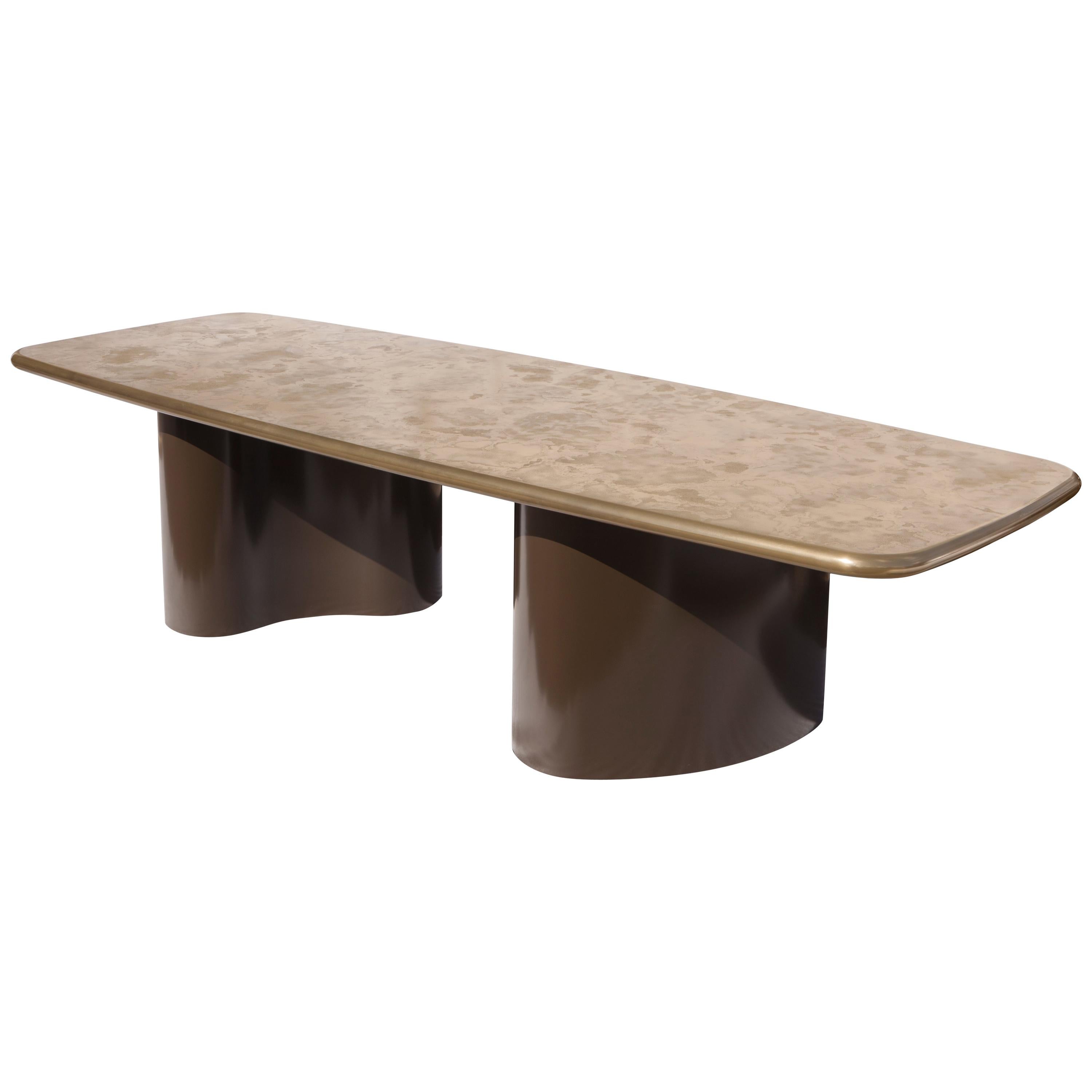 Nassau Dining Table, Custom Champagne Gold Table Top and 3 Dimensional Base For Sale