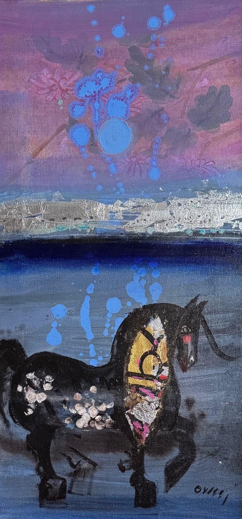 Fin du 20e siècle Nasser Ovissi Black Stallion 1989 Huile sur toile en vente