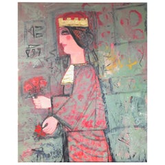 Nasser Ovissi, 'Iranian, Born 1934' "Queen Atosa" Gold Oil on Canvas Painting