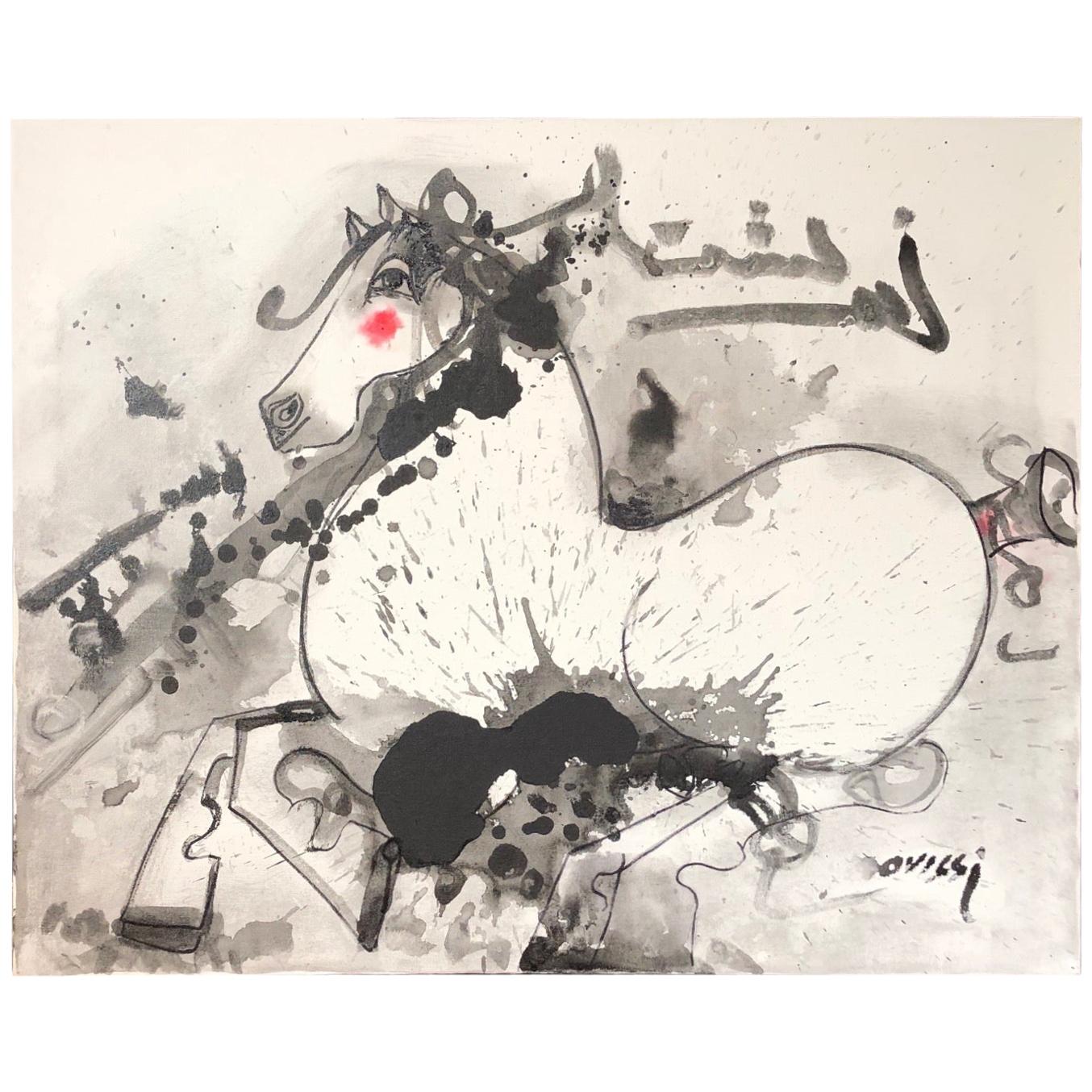Nasser Ovissi, 'Iranian, "White Arabian Horse" Oil on Canvas Painting