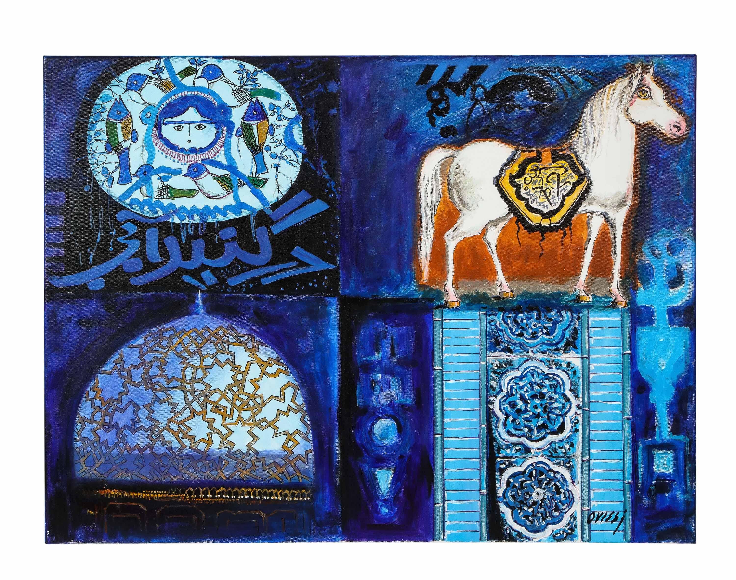 Nasser Ovissi, "Iraní, nacido en 1934" "Cuatro cuadrados azules" Pintura al óleo sobre lienzo