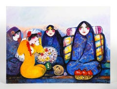 Nasser Ovissi, 'Iranian, Born 1934' "Four Seated Girls" Oil on Canvas Painting