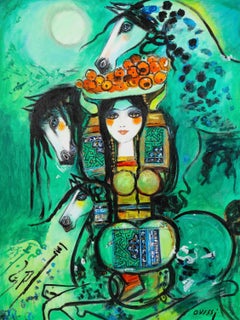 Nasser Ovissi, 'Iranian, Born 1934' "Girl with Arabian Horses" Oil on Canvas