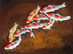 Nasser Ovissi, 'Iranian, Born 1934' "Koi Fish" Oil on Canvas Painting