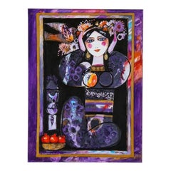 Nasser Ovissi, 'Iranian, Born 1934' "Pomegranate Girl" Oil on Canvas Painting