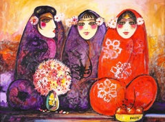 Nasser Ovissi, 'Iranian, Born 1934' "Three Seated Girls" Oil on Canvas Painting
