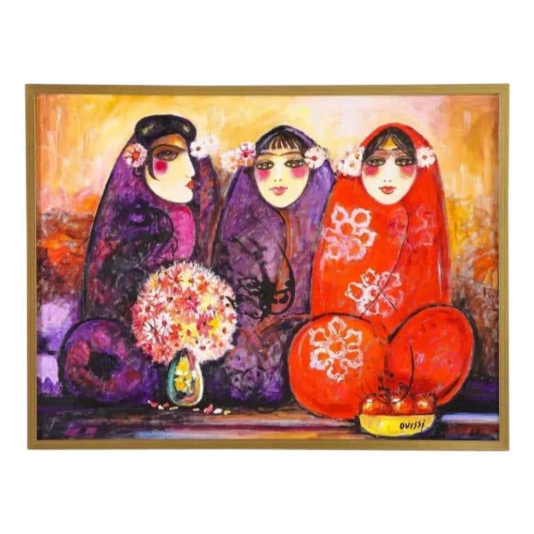 Nasser Ovissi, 'Iranian, Born 1934' "Three Seated Girls" Oil on Canvas Painting