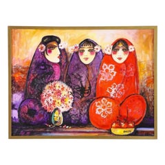 Vintage Nasser Ovissi, ''Iranian, Born 1934'' "Three Seated Girls" Oil on Canvas Painting