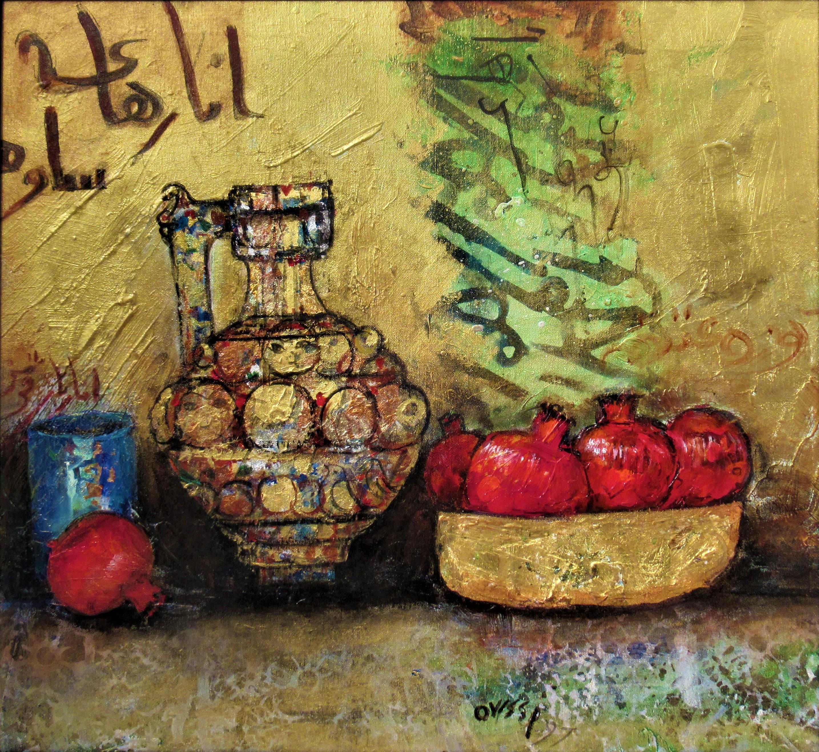 Pomegranates with Antique Vase - Painting by Nasser Ovissi